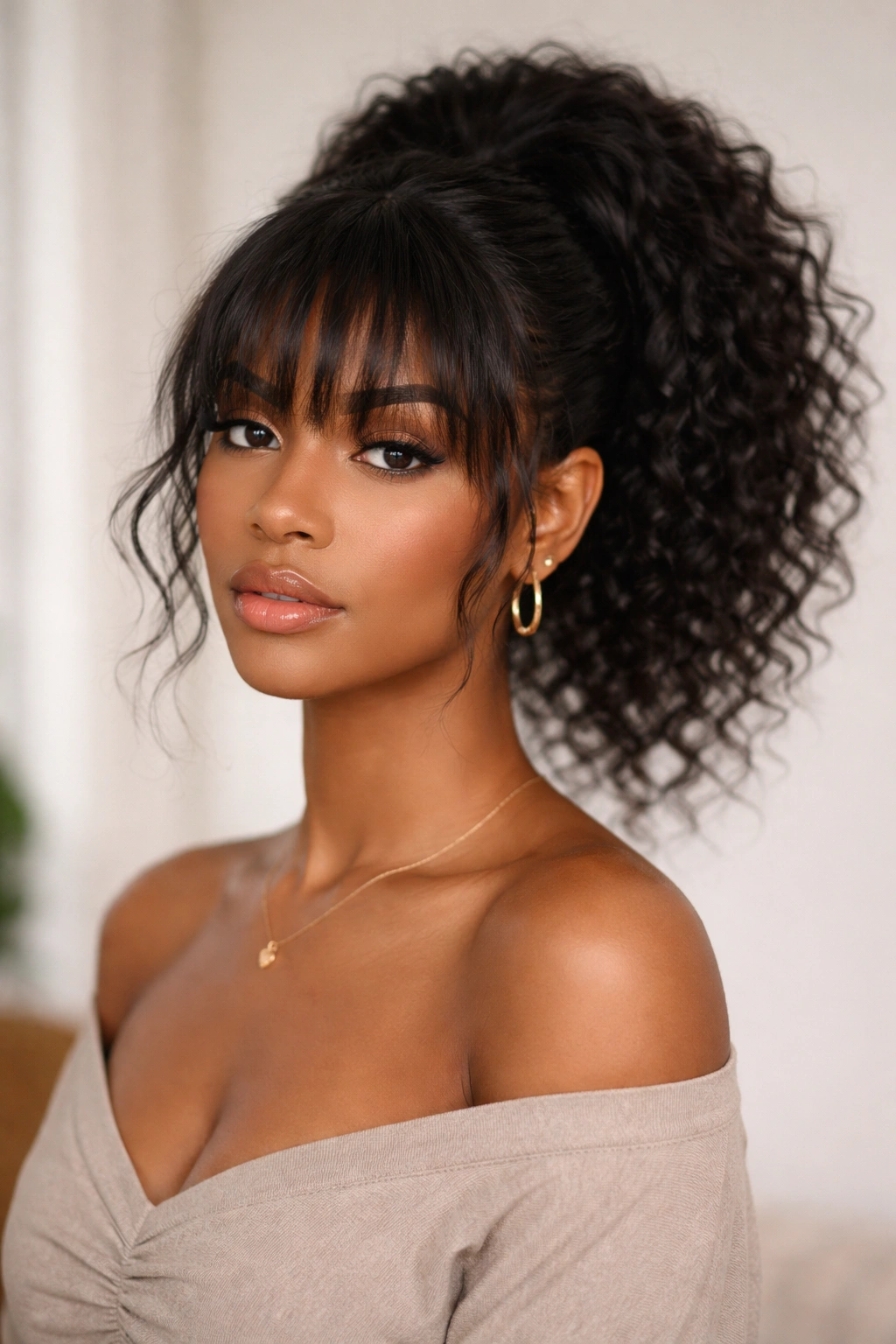 Tucked-ends ponytail with uneven bangs front view