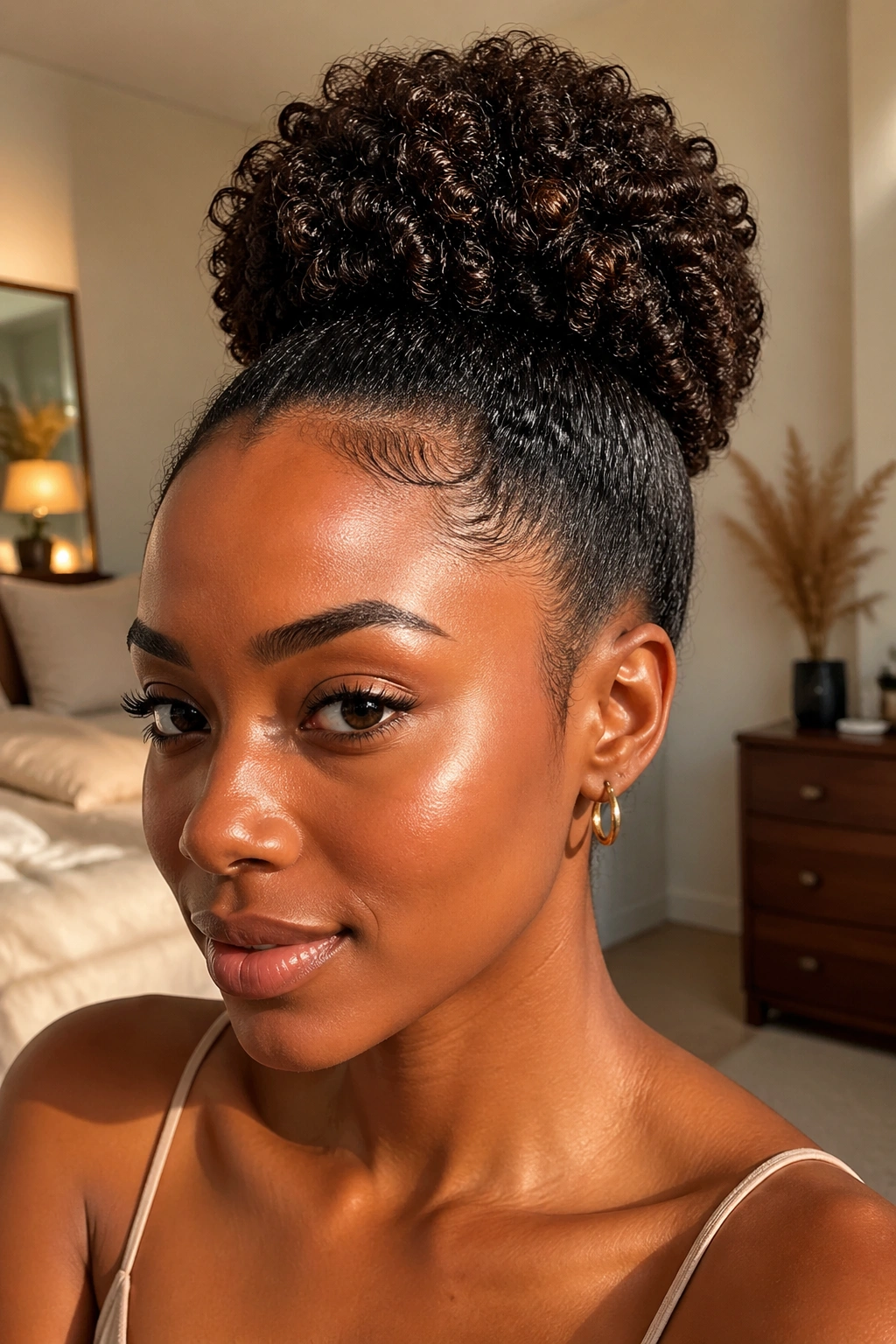 Close-up portrait of a real Black woman with tucked-ends puff forming a rounded updo