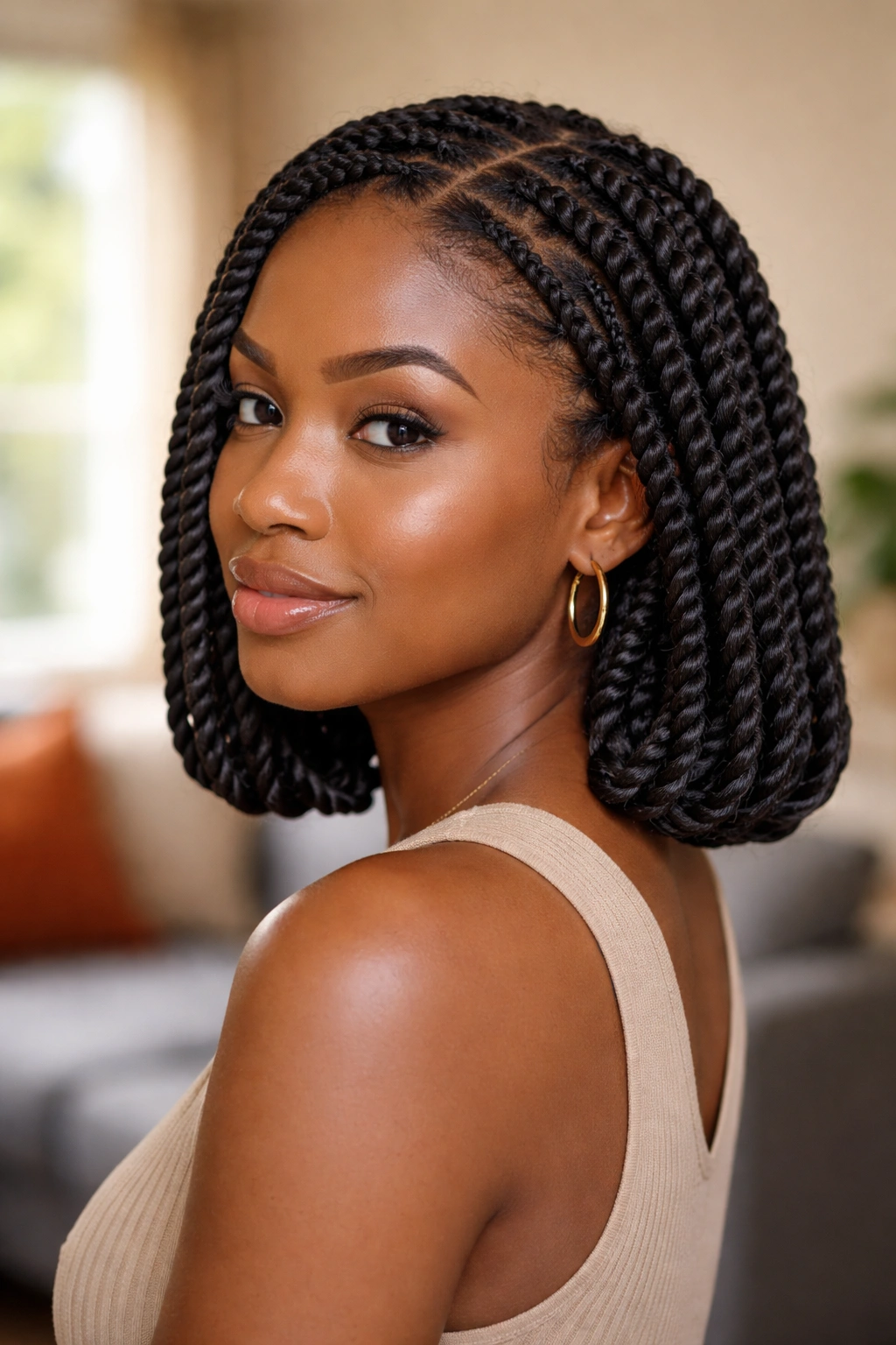 Real person with twists and tucked ends hidden under the twist bodies