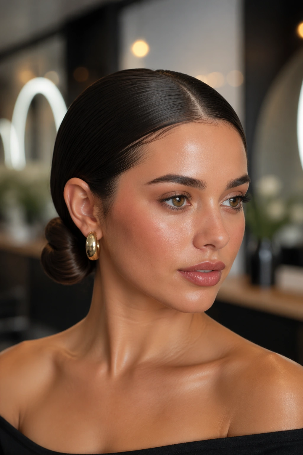 Close-up of a real woman with tucked finish double ponytails