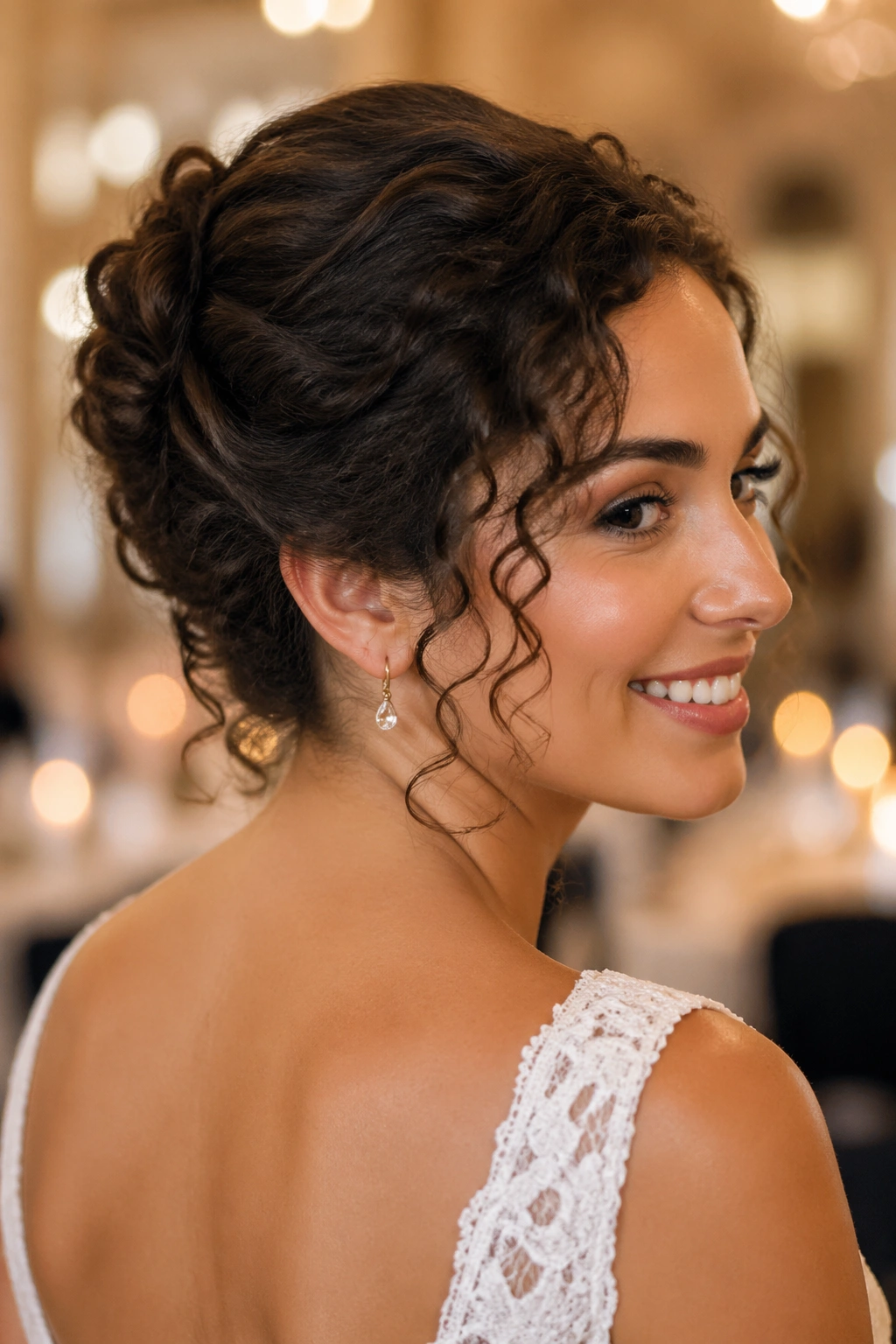Close-up of a bride with a tucked French twist and curly ends
