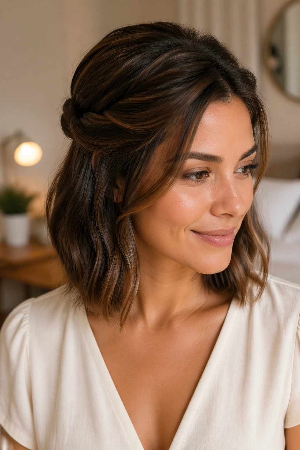 Close-up portrait of a real person with a tucked half-up twist on collarbone-length hair