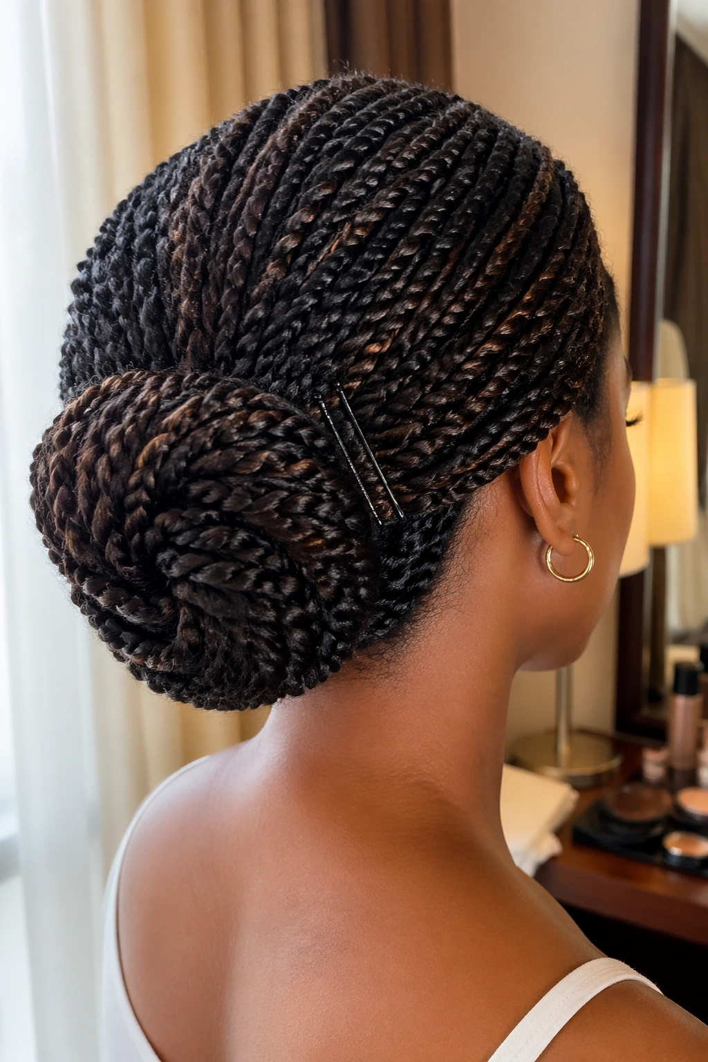 Chignon with hidden ends tucked in, shown in a softly lit interior vanity shot.