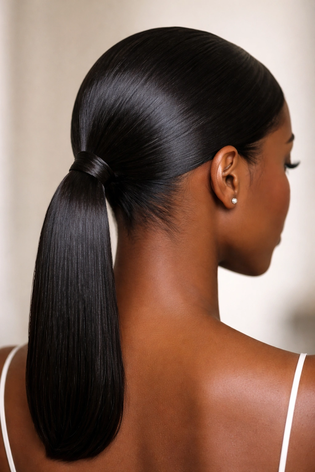 Back view of a sleek ponytail with all hair tucked into the base