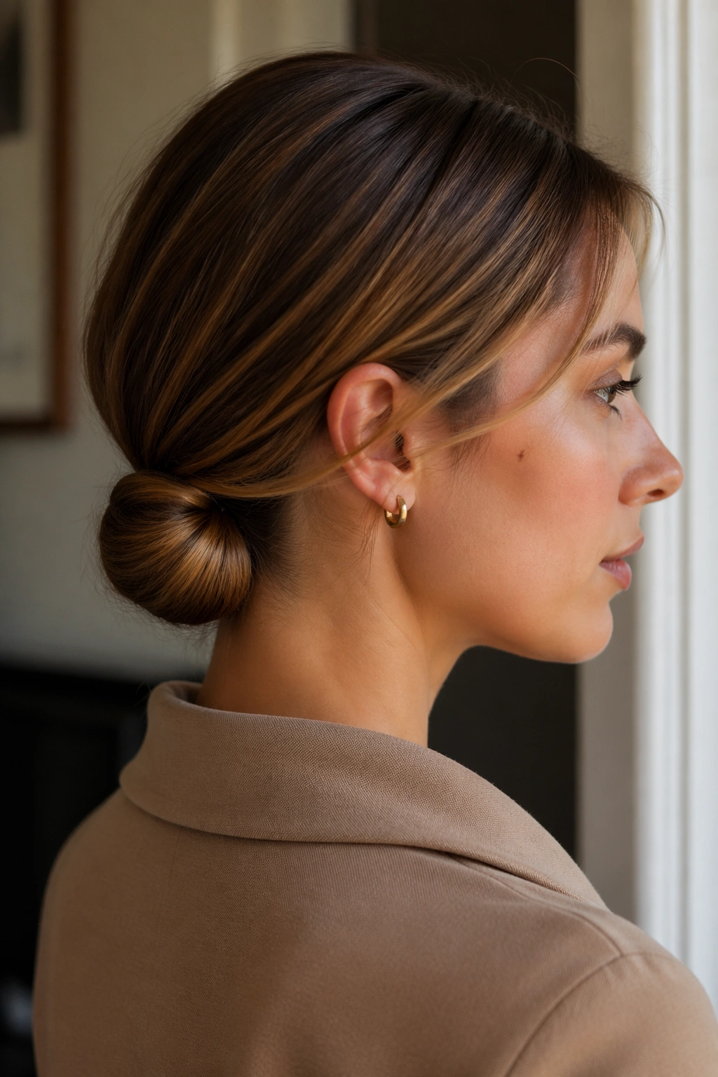 Portrait of a real woman with a tucked-in low ponytail under the fold at the nape