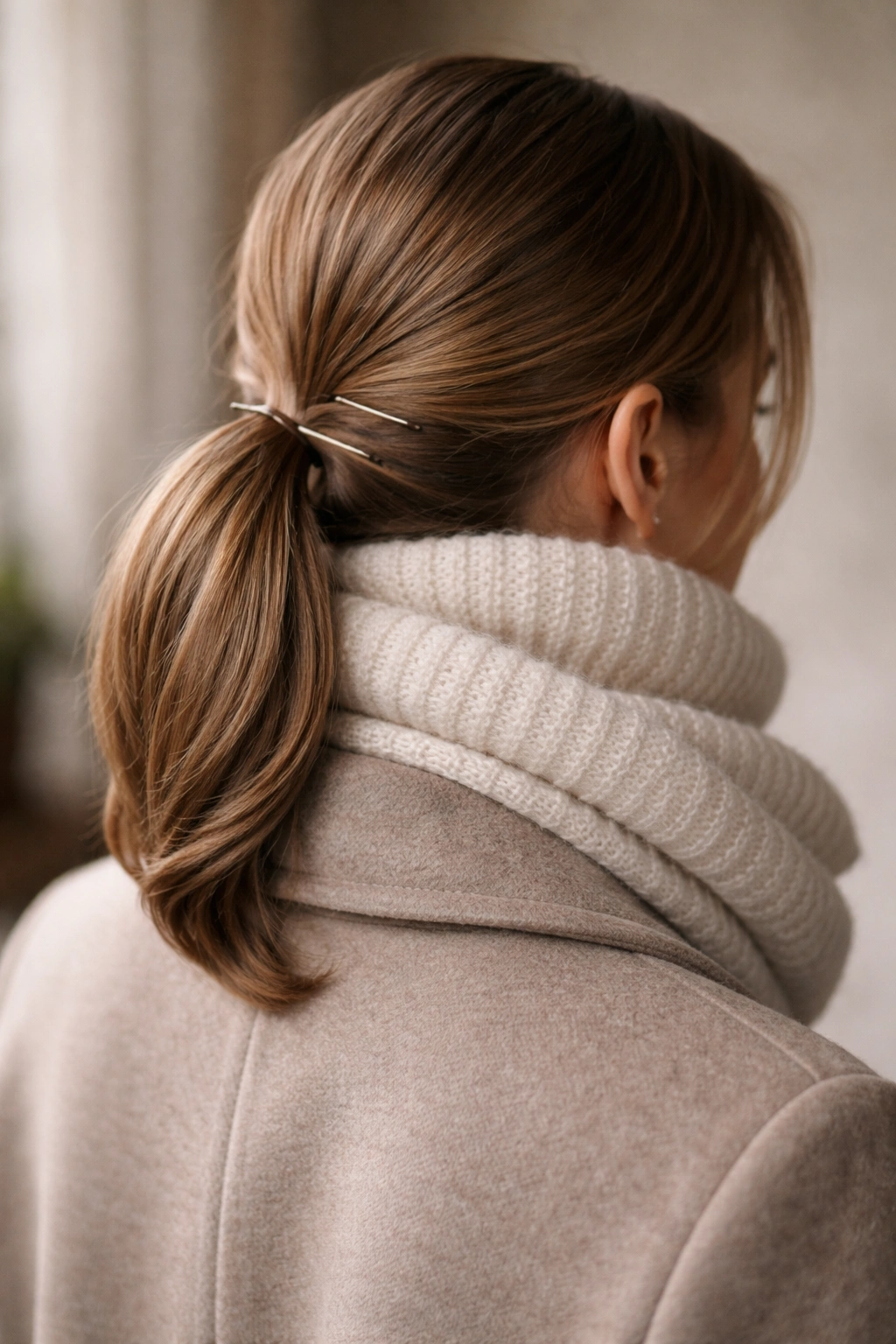Low ponytail tucked neatly with ends secured and pins