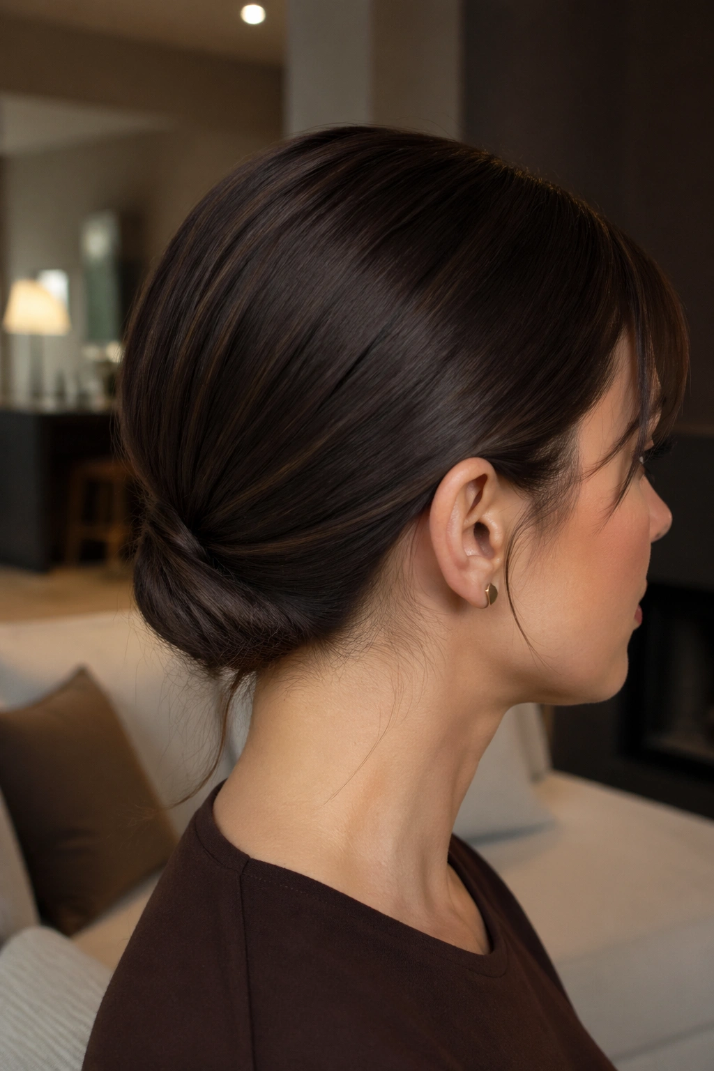 Real woman with a tucked low ponytail hiding layered ends in chocolate brown hair.