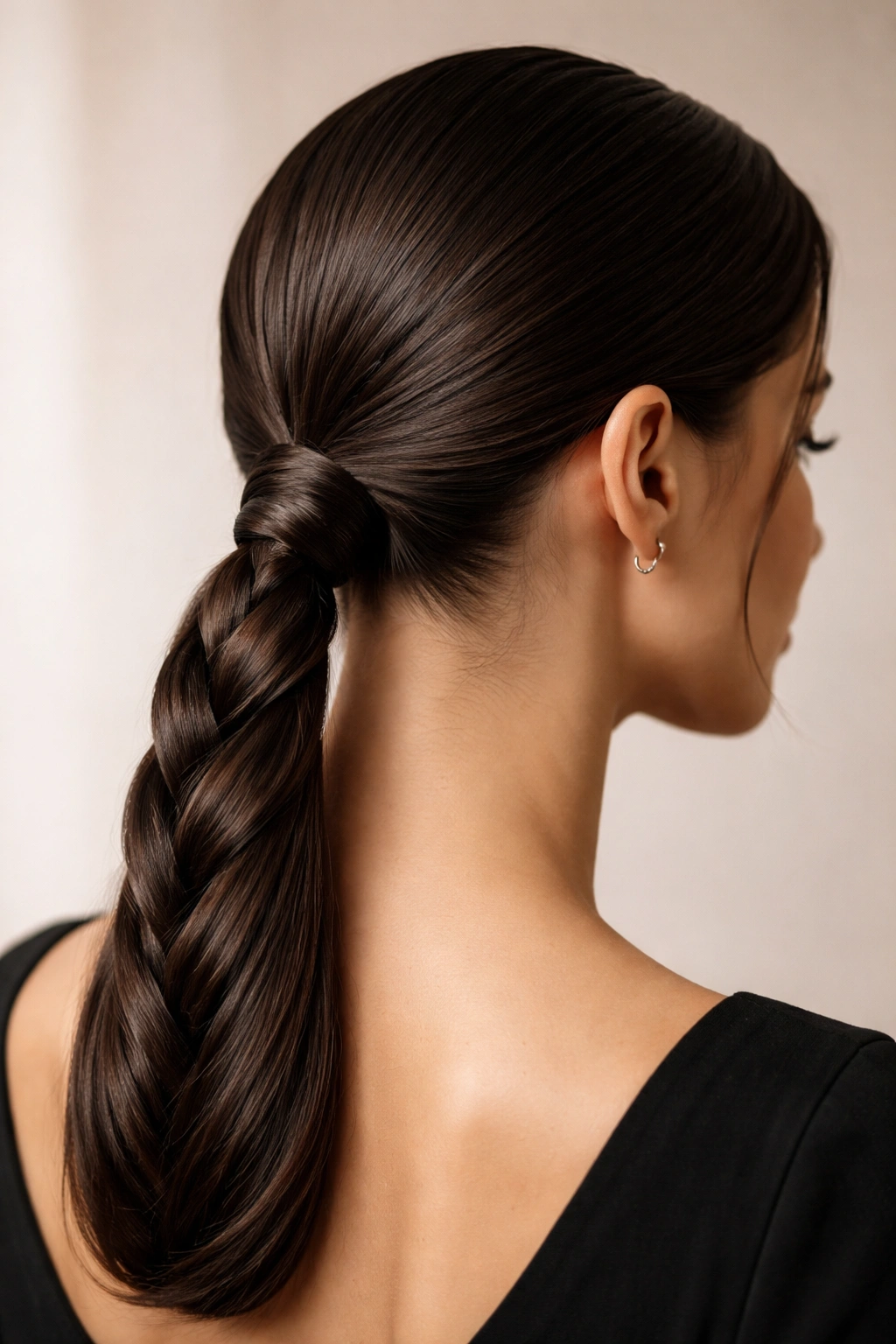 Close-up of tucked-nape braided ponytail with hidden pins