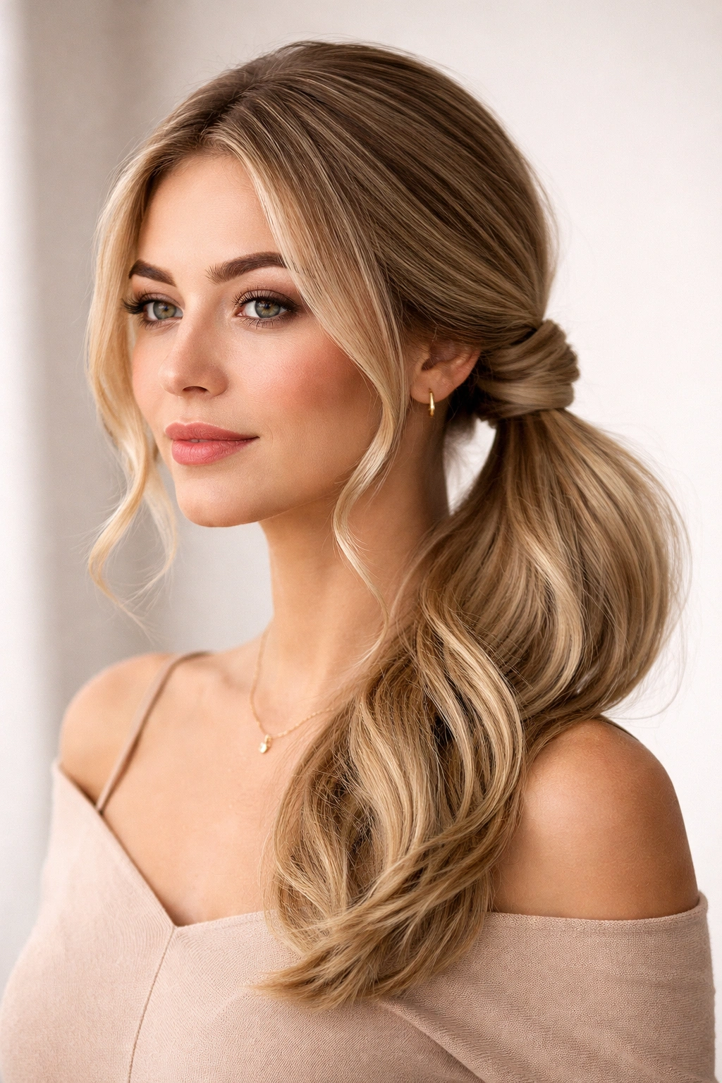 Low side pony with tail pulled through base hole creating a tucked twist