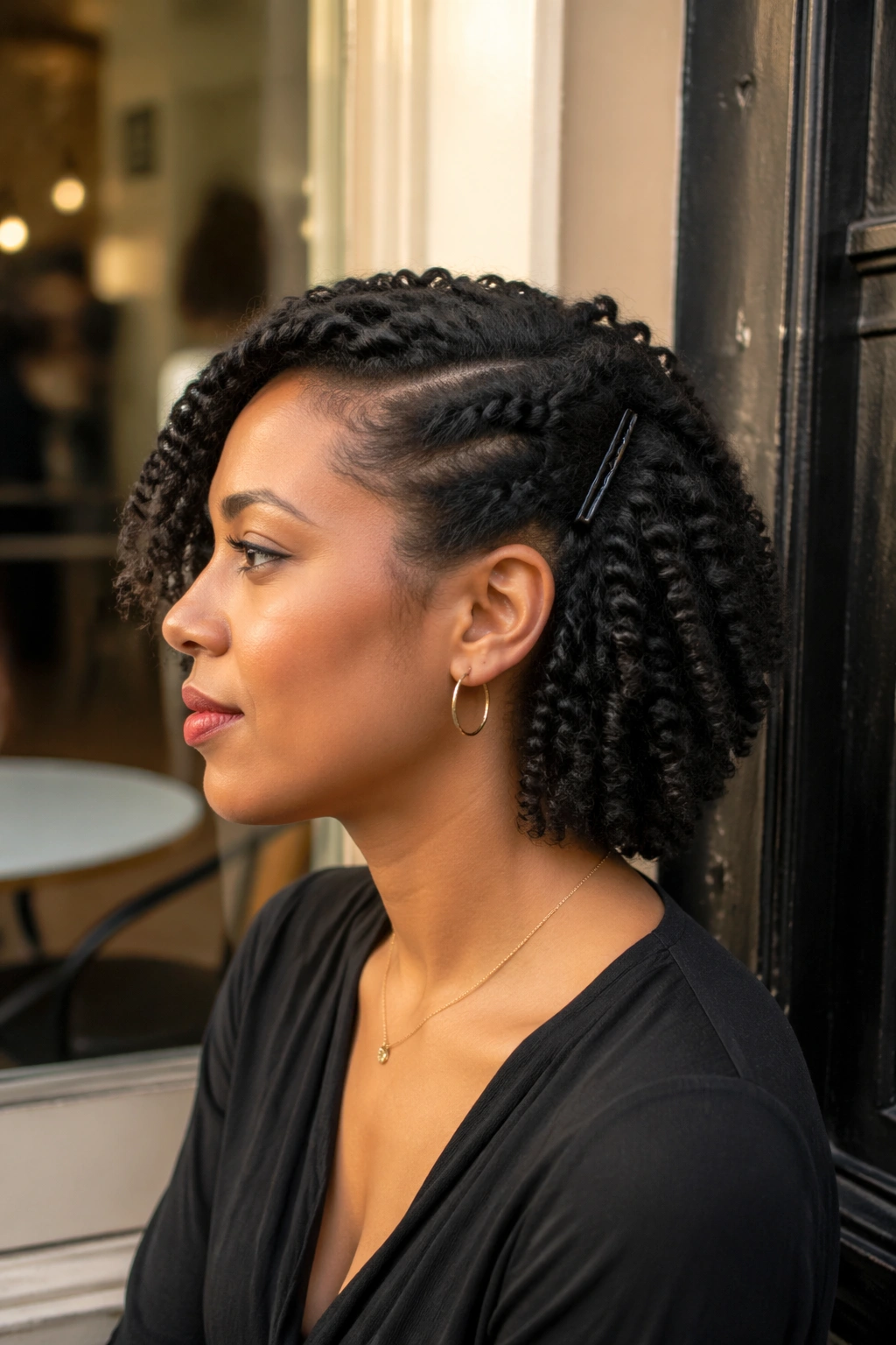 Profile view of tucked-side twist out with ear tuck in cafe light.