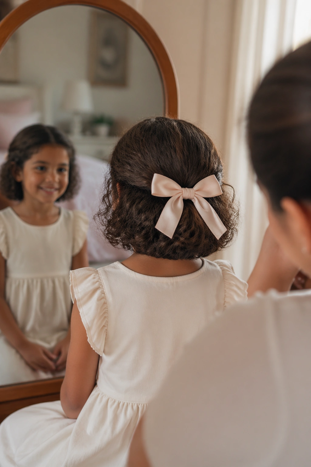 Tucked-Under Bob With a Ribbon: curly girl with ribbon-tucked bob in bedroom mirror.