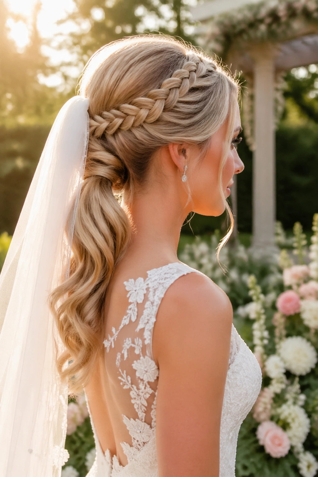 Side profile of tucked-under braided ponytail with veil.