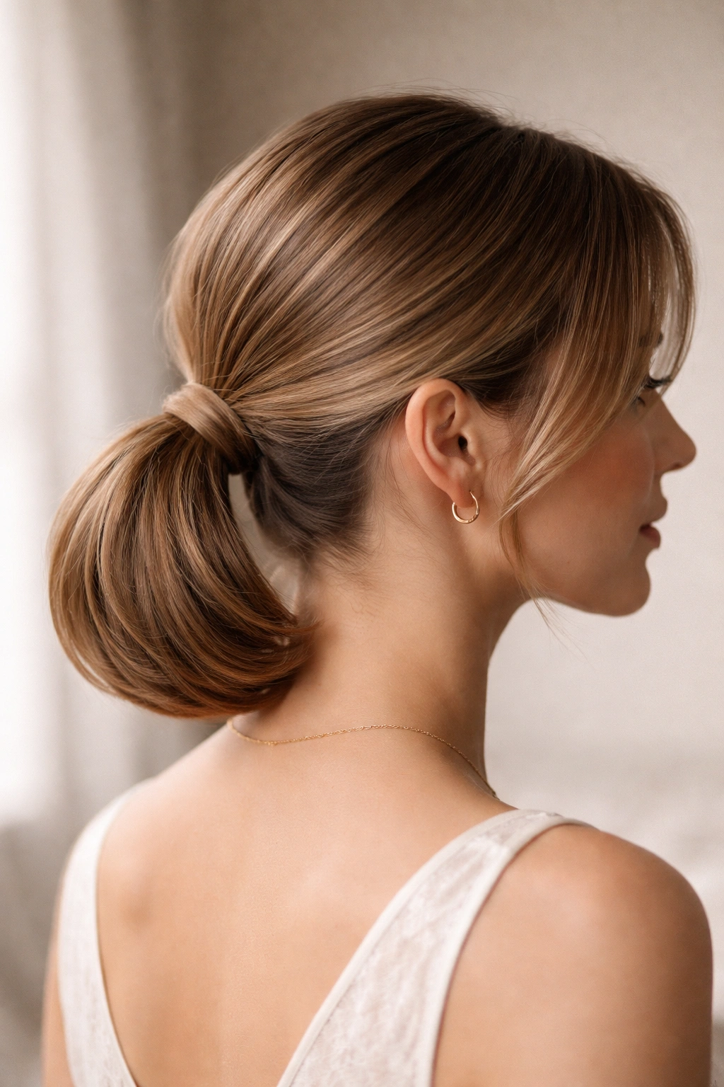 Tucked-under faux bob ponytail showing tucked ends
