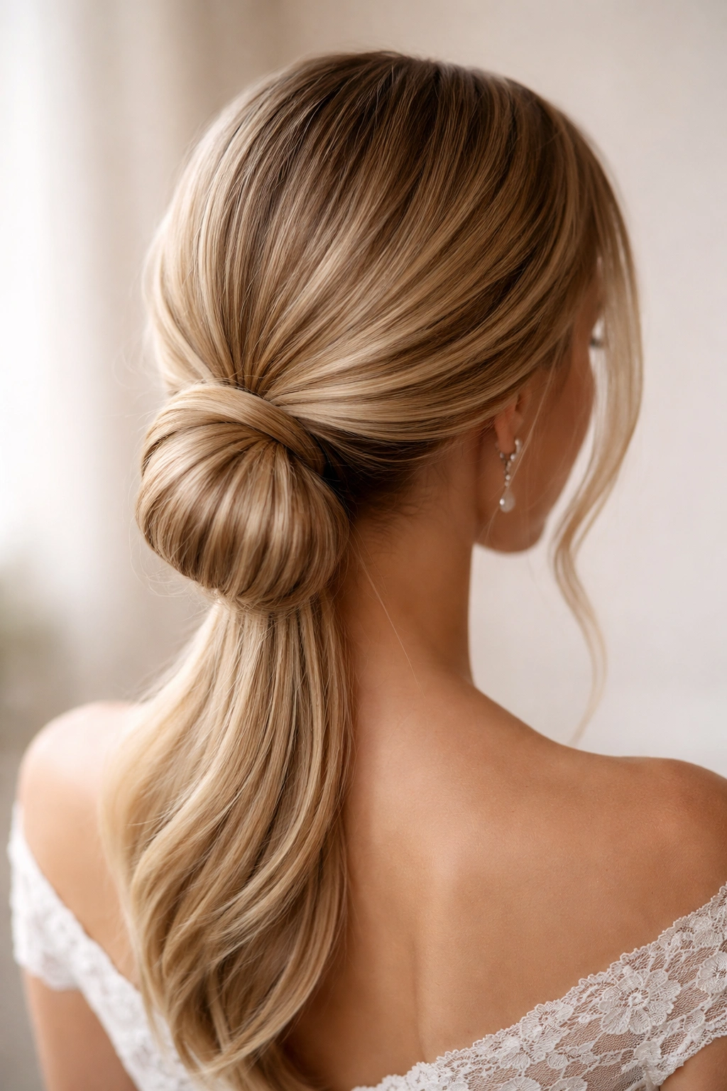 Close-up of a tucked-under loop hairstyle at the nape of the neck