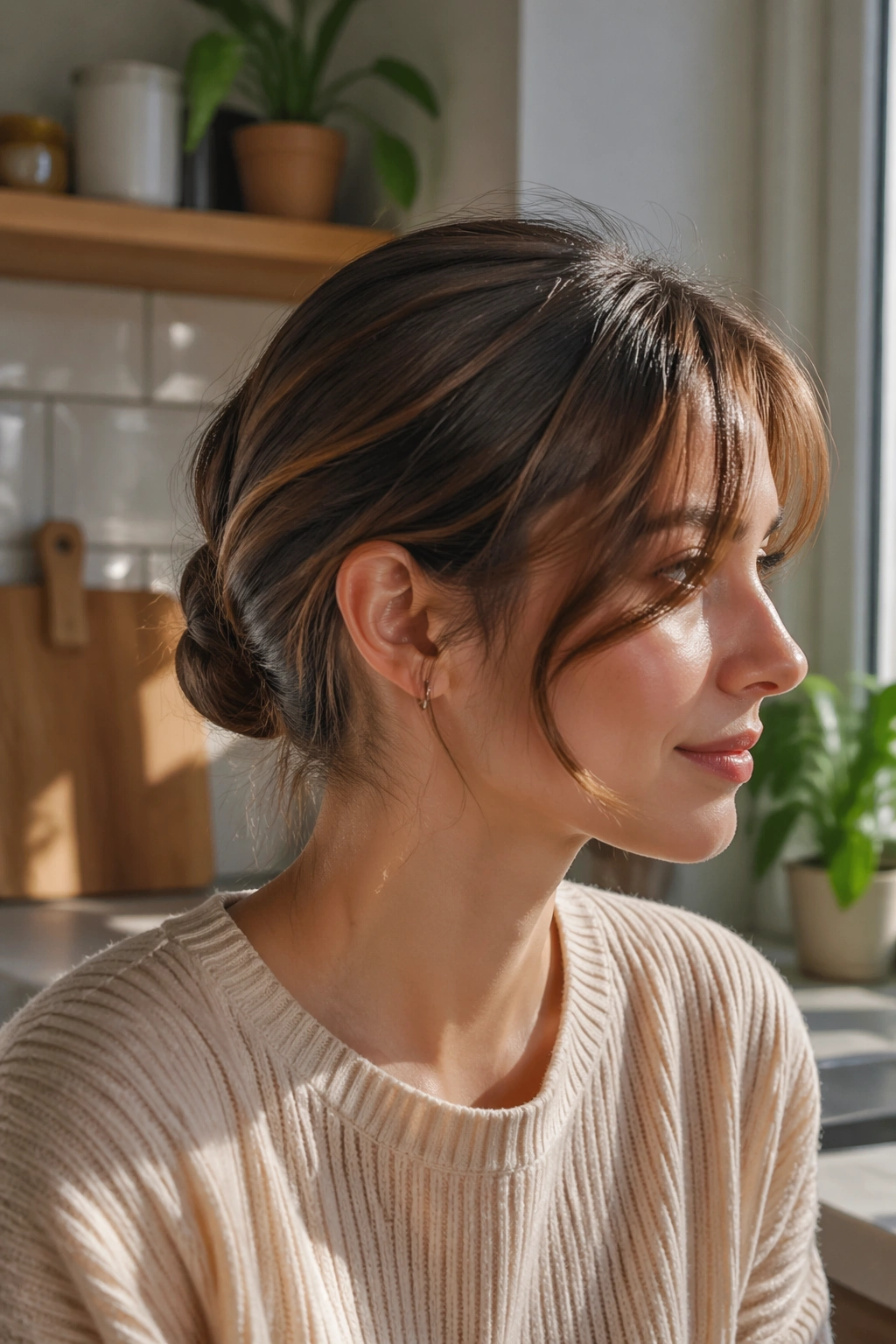 Close-up portrait of a real woman with a tucked-under ponytail neatly tucked and pinned