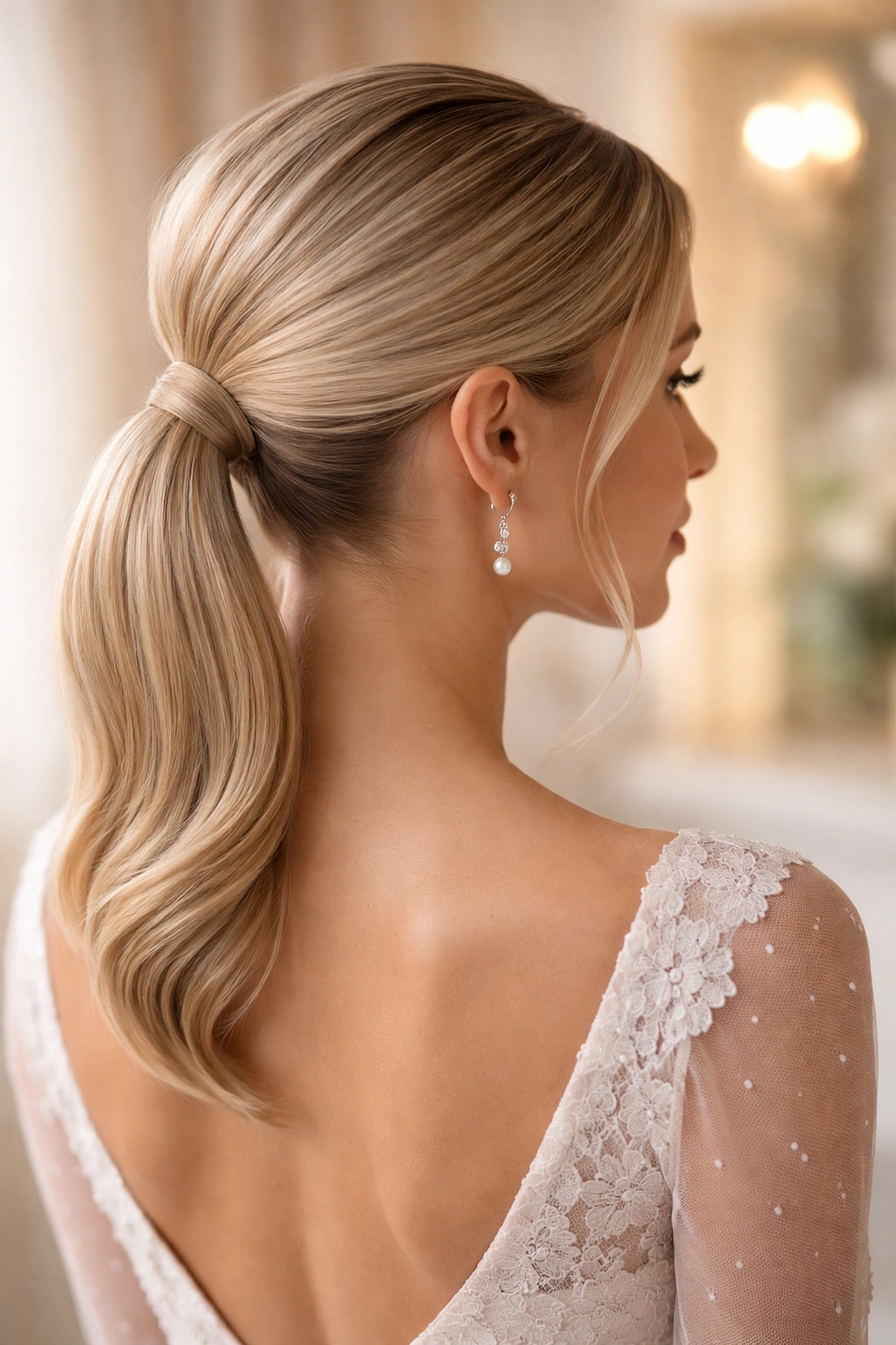 Portrait of a real woman with a tucked-under ponytail, showing the compact shape.