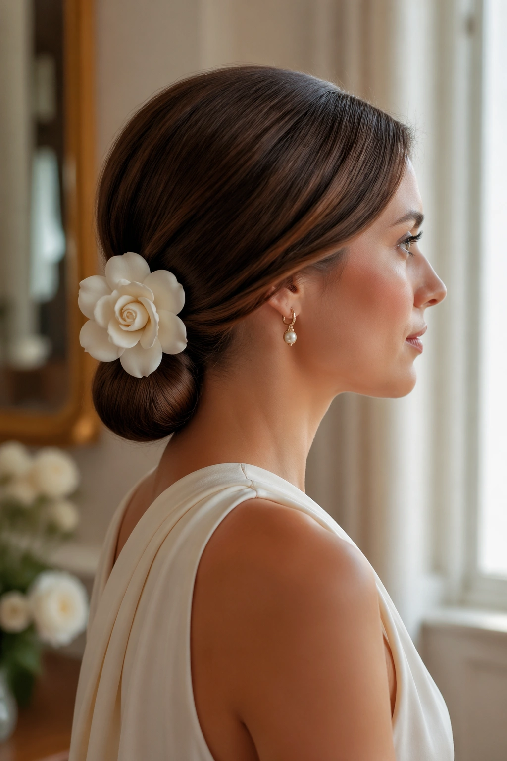 Side-profile of a real woman with a tucked-under ponytail and a single gardenia bloom at the base.