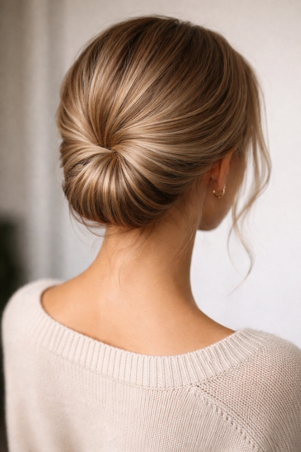 Back view of tucked-under low ponytail with pins