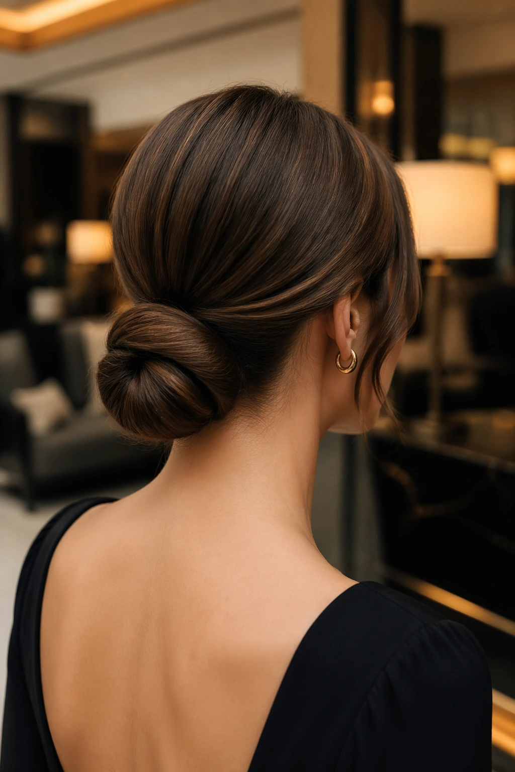 Back-of-head view of a real woman with tucked-under low ponytail