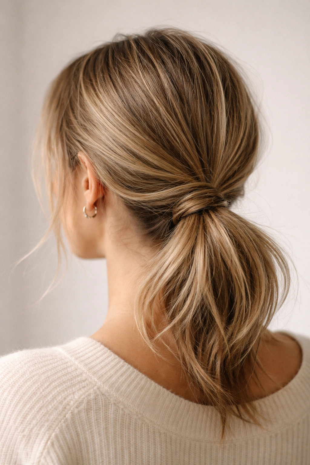 Low ponytail with the tail tucked under and pinned at base for a fuller silhouette.