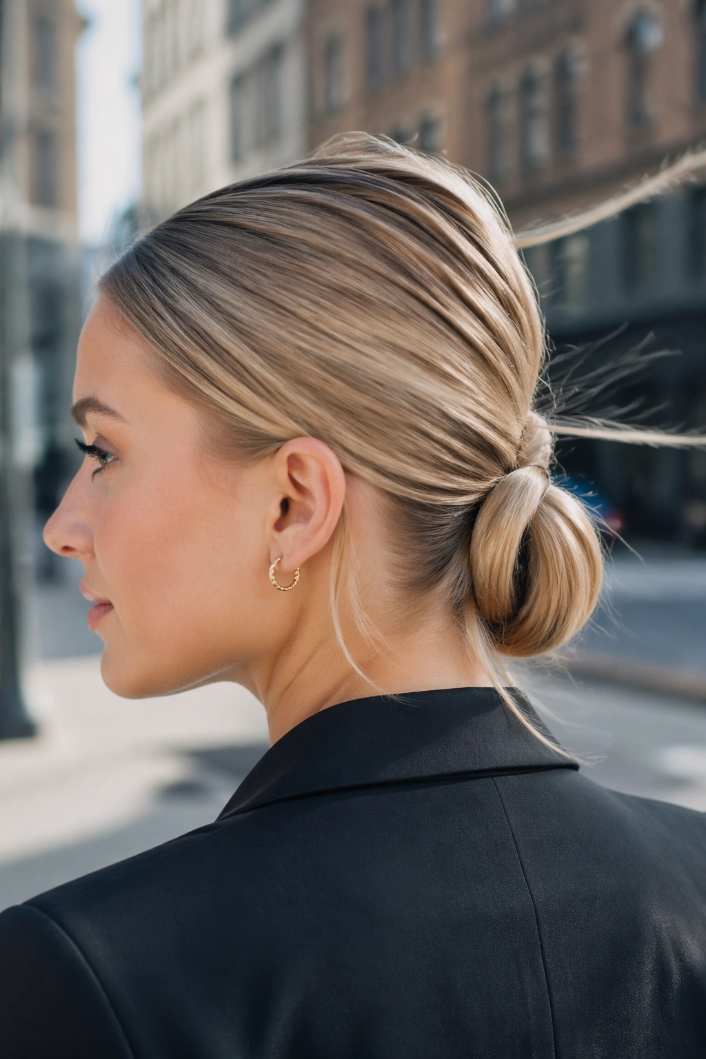 Close-up of tucked-under low ponytail on a real woman outdoors