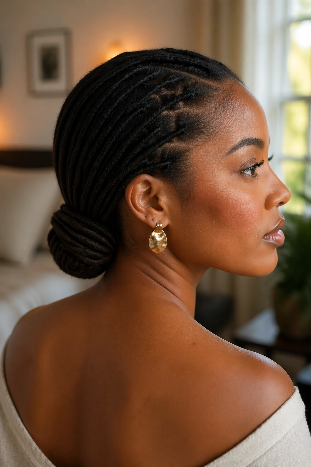 Close-up of a real person with a tucked-under tail low ponytail at the nape.