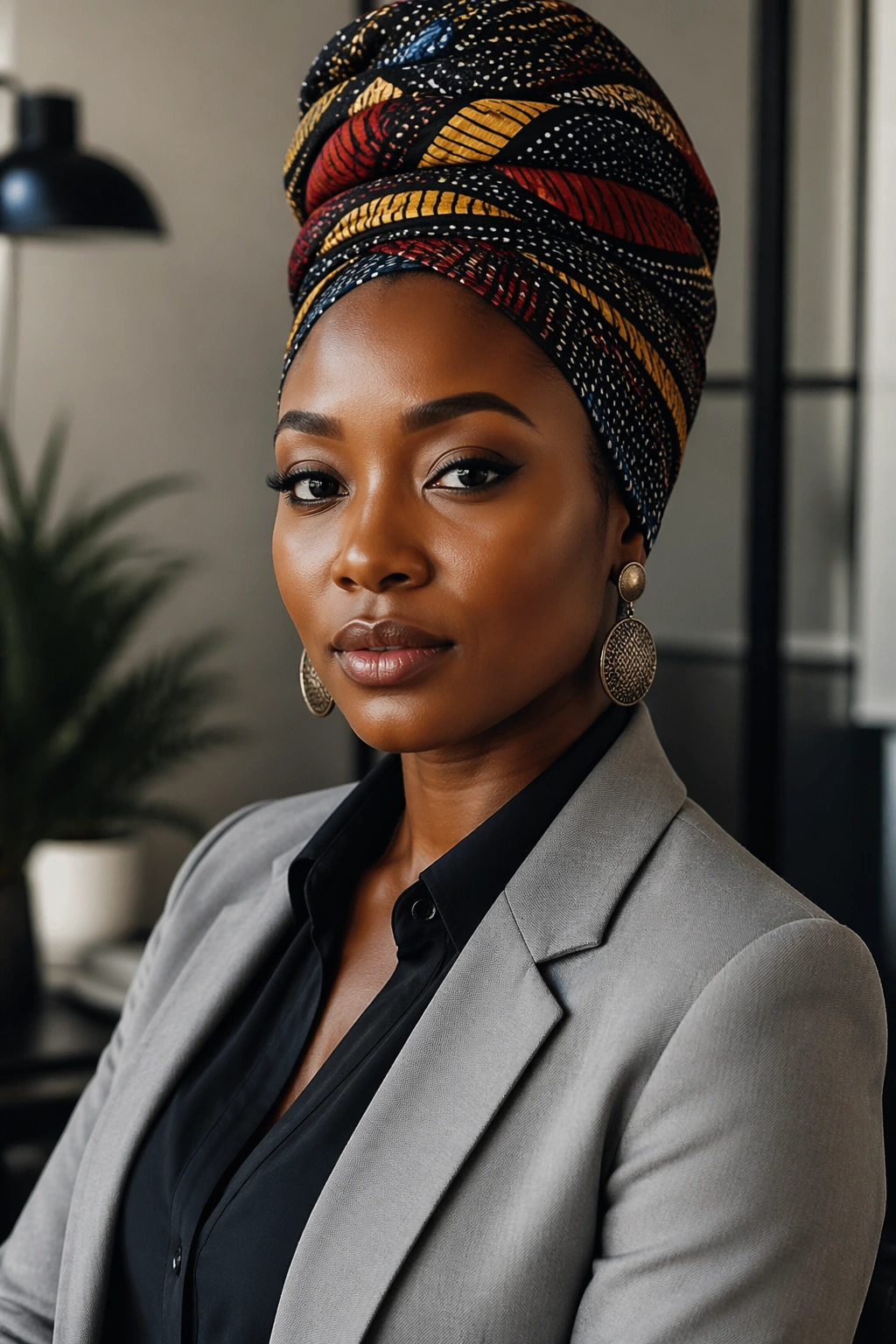 Portrait of a woman wearing a dramatic head scarf turban with tailored separates.