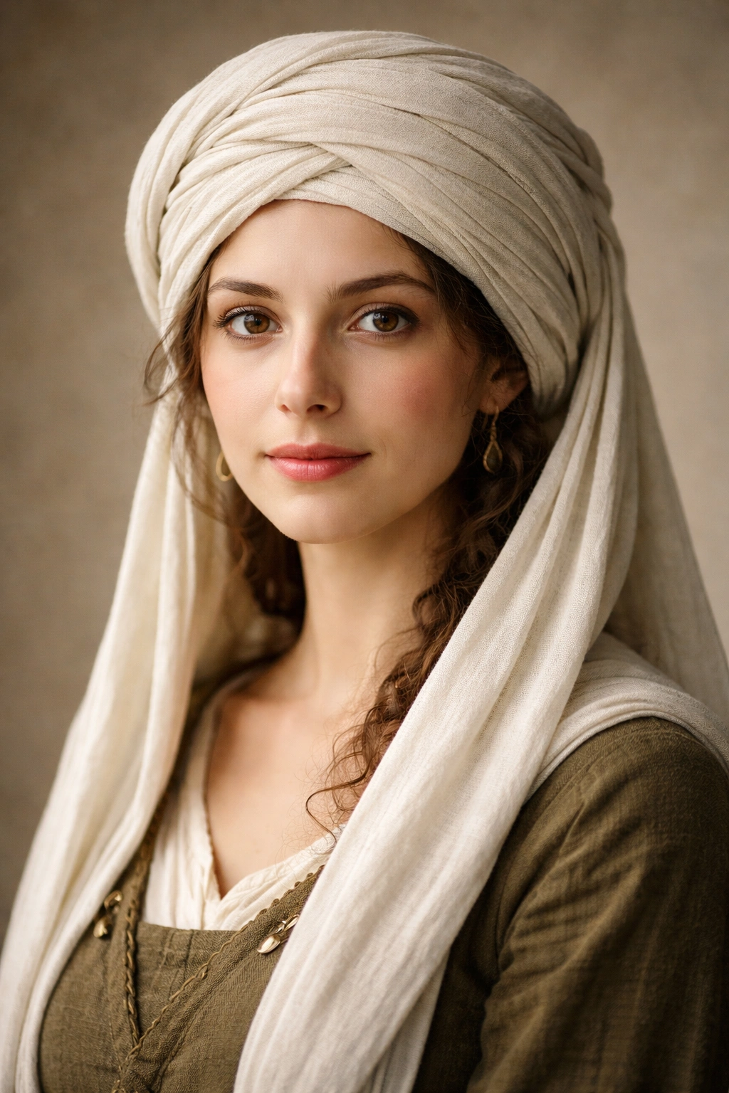 Medieval wrapped turban style protecting curly hair