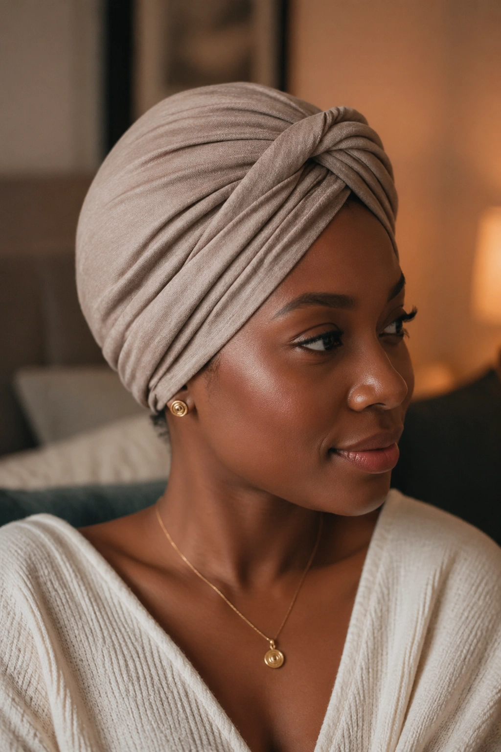 Portrait of a real person wearing a turban wrap accessorizing an afro