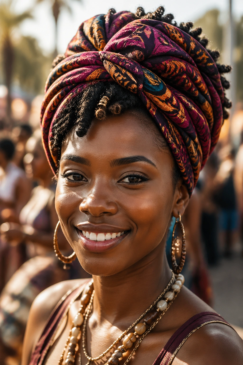 Close-up of a turban wrap over natural coils on a real person.