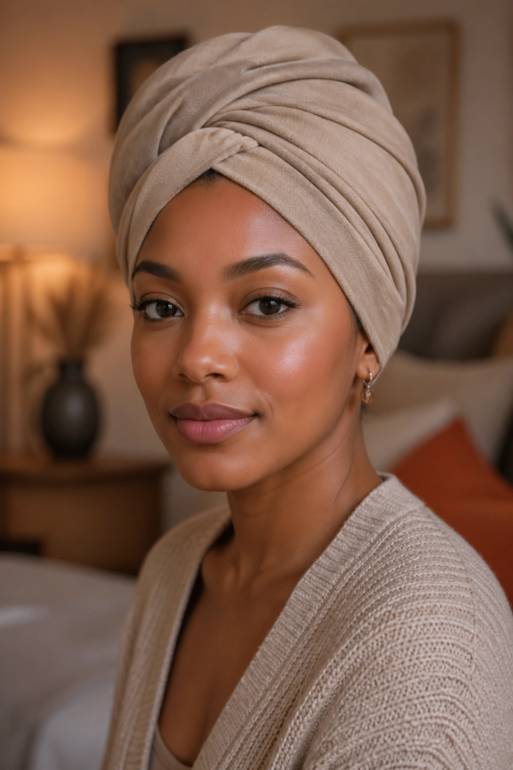 Close-up portrait of a real woman wearing a full turban wrap