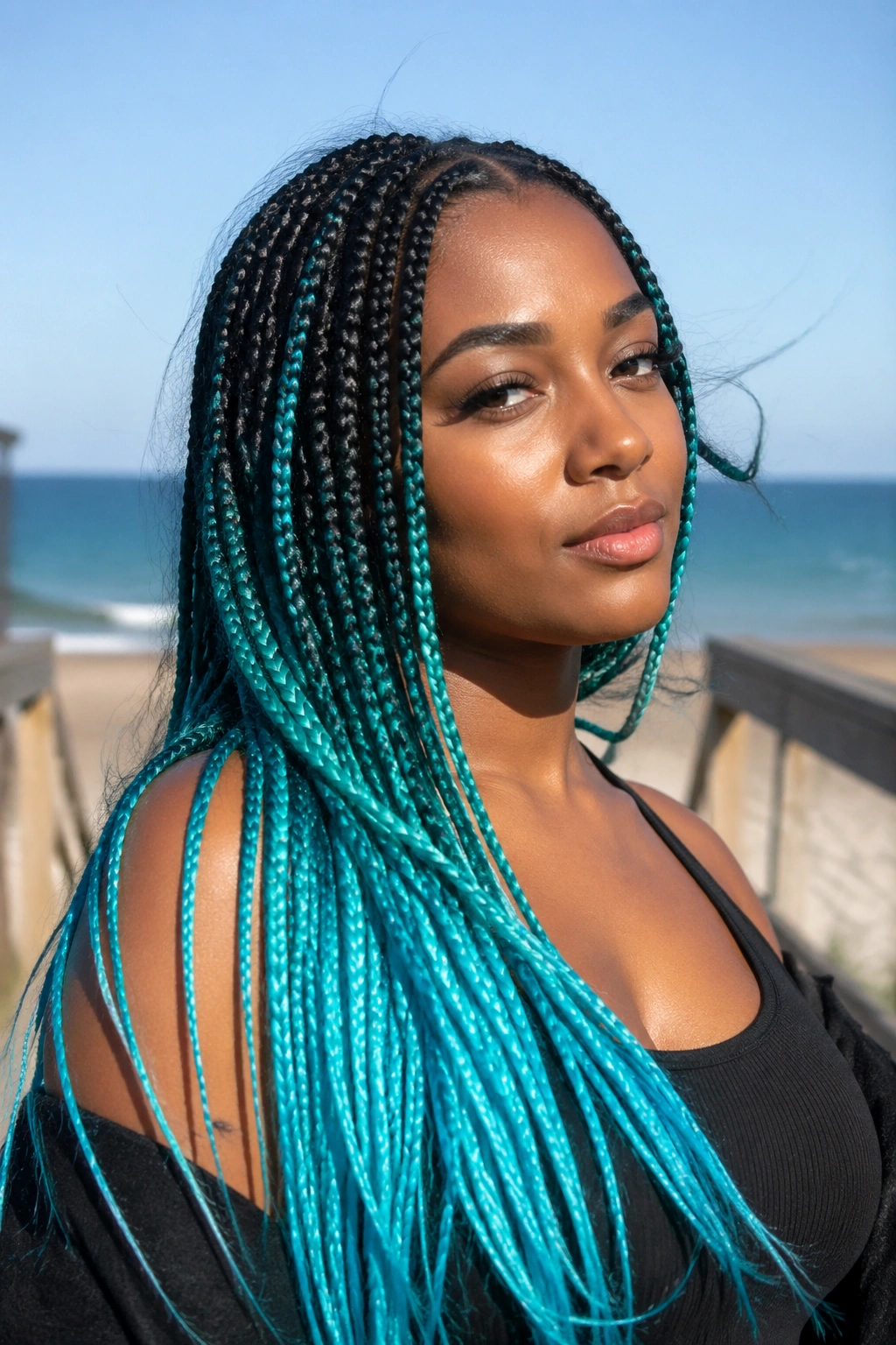 Close-up of real woman with turquoise ombré box braids outdoors on a boardwalk.