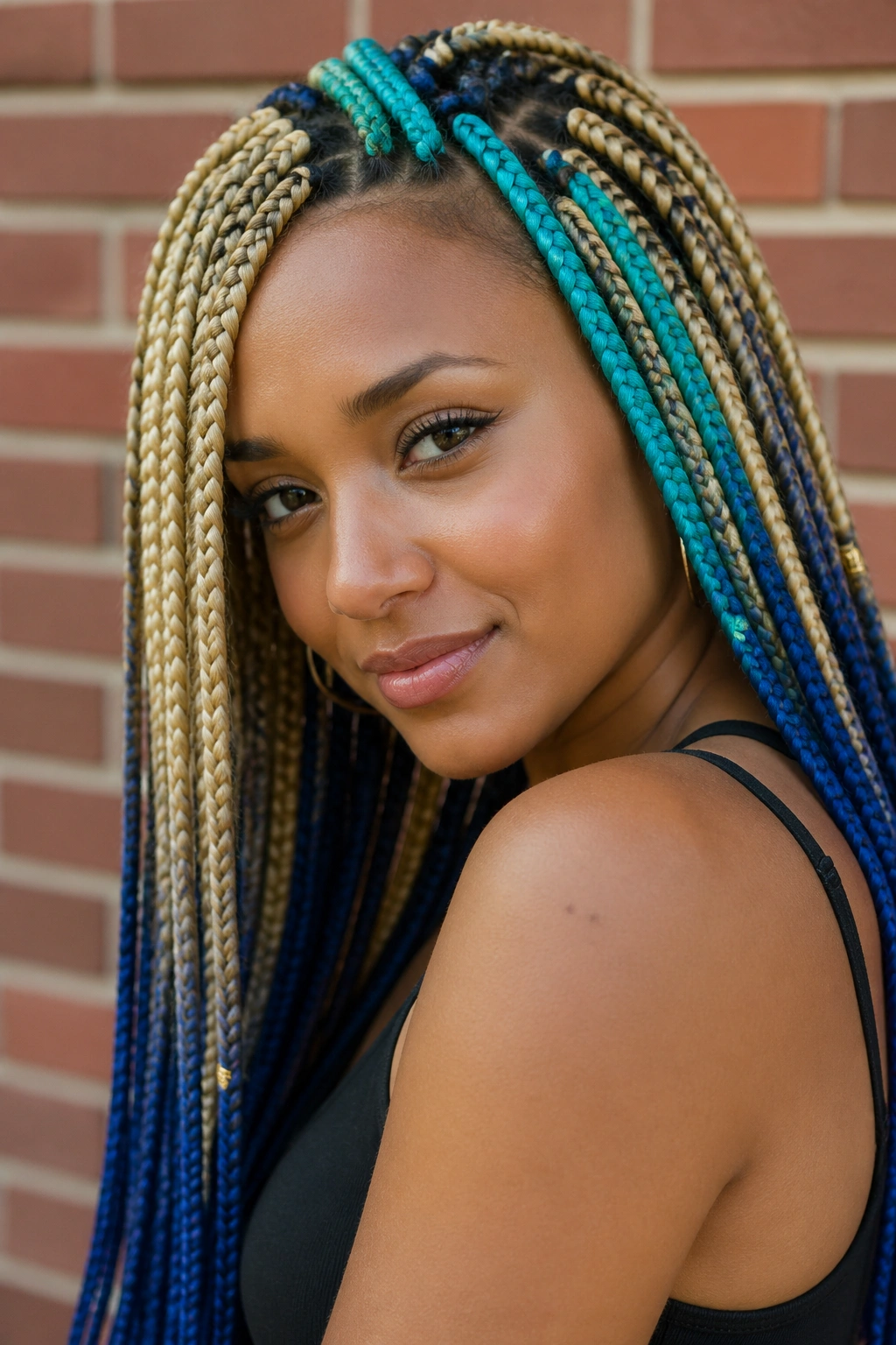 Portrait of a real woman with turquoise, sapphire, and blonde box braids.
