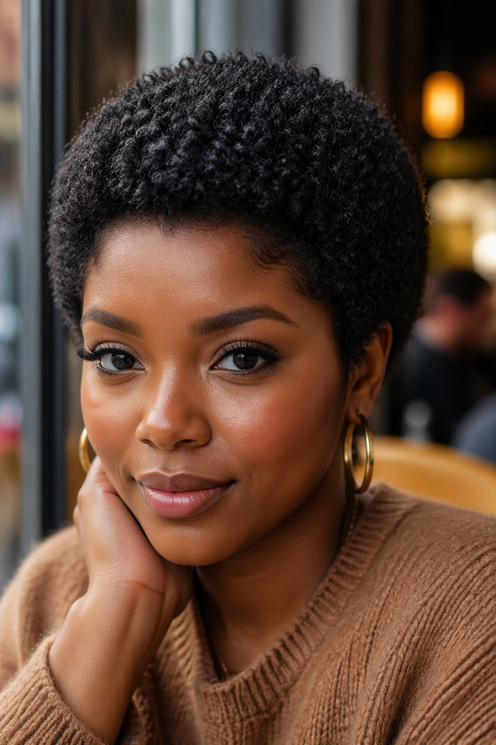 Close-up portrait of a real person with a TWA crochet short afro