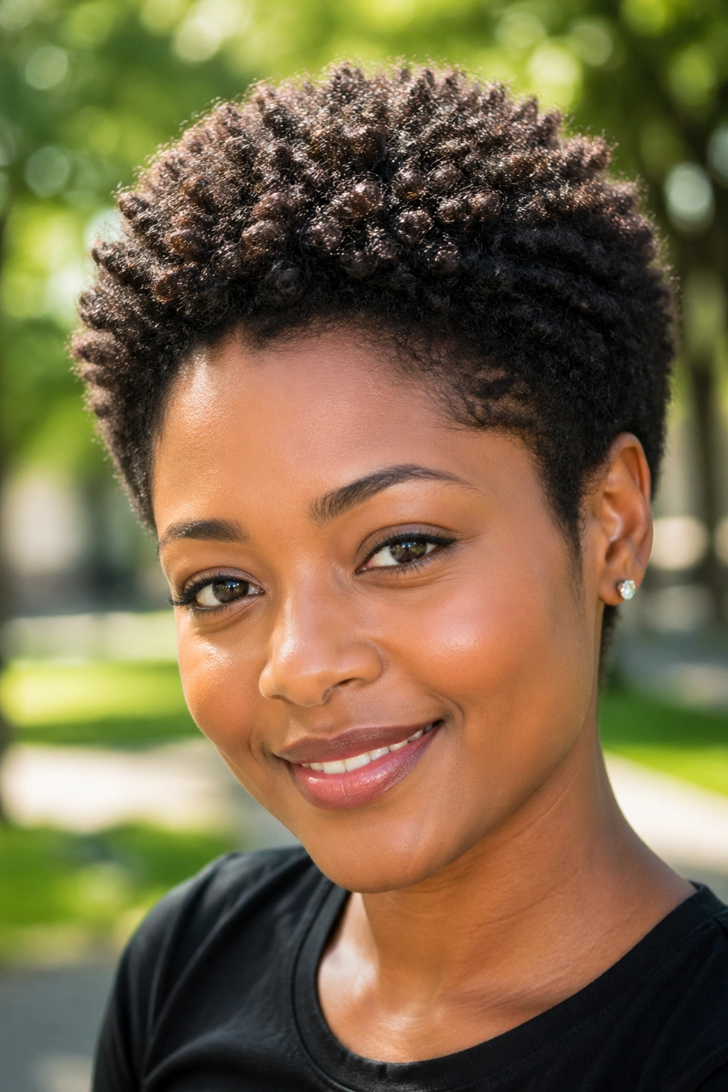 Close-up headshot of a real woman with a TWA and crown layering