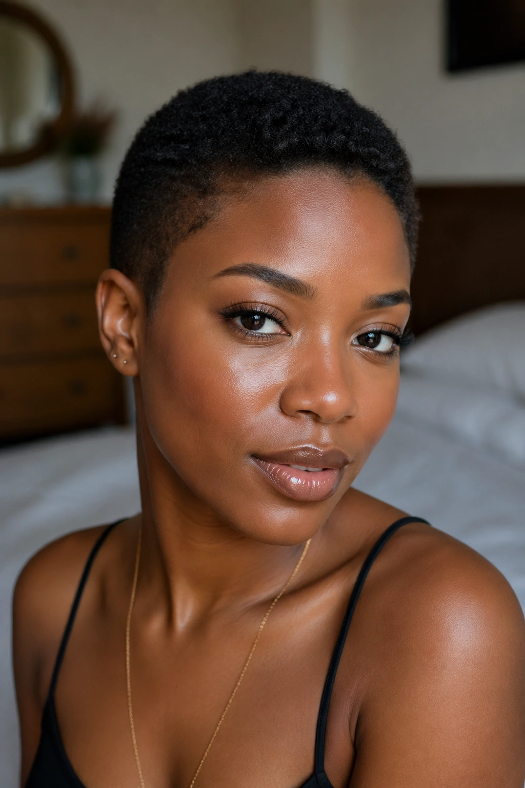 Close-up of Teeny Weeny Afro (TWA) on a real person in natural window light