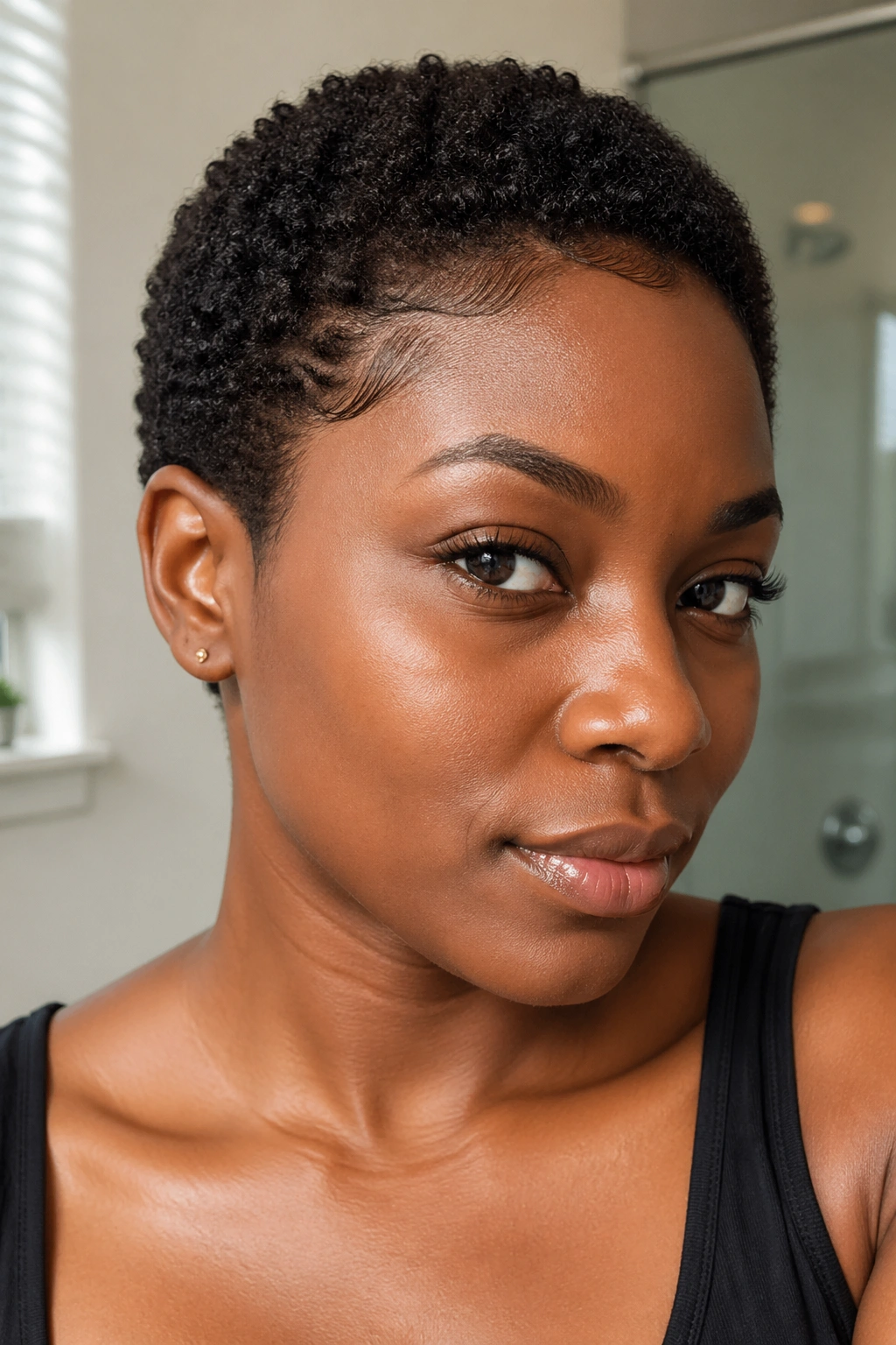 Close-up of a real woman with a TWA shape-up and defined edges