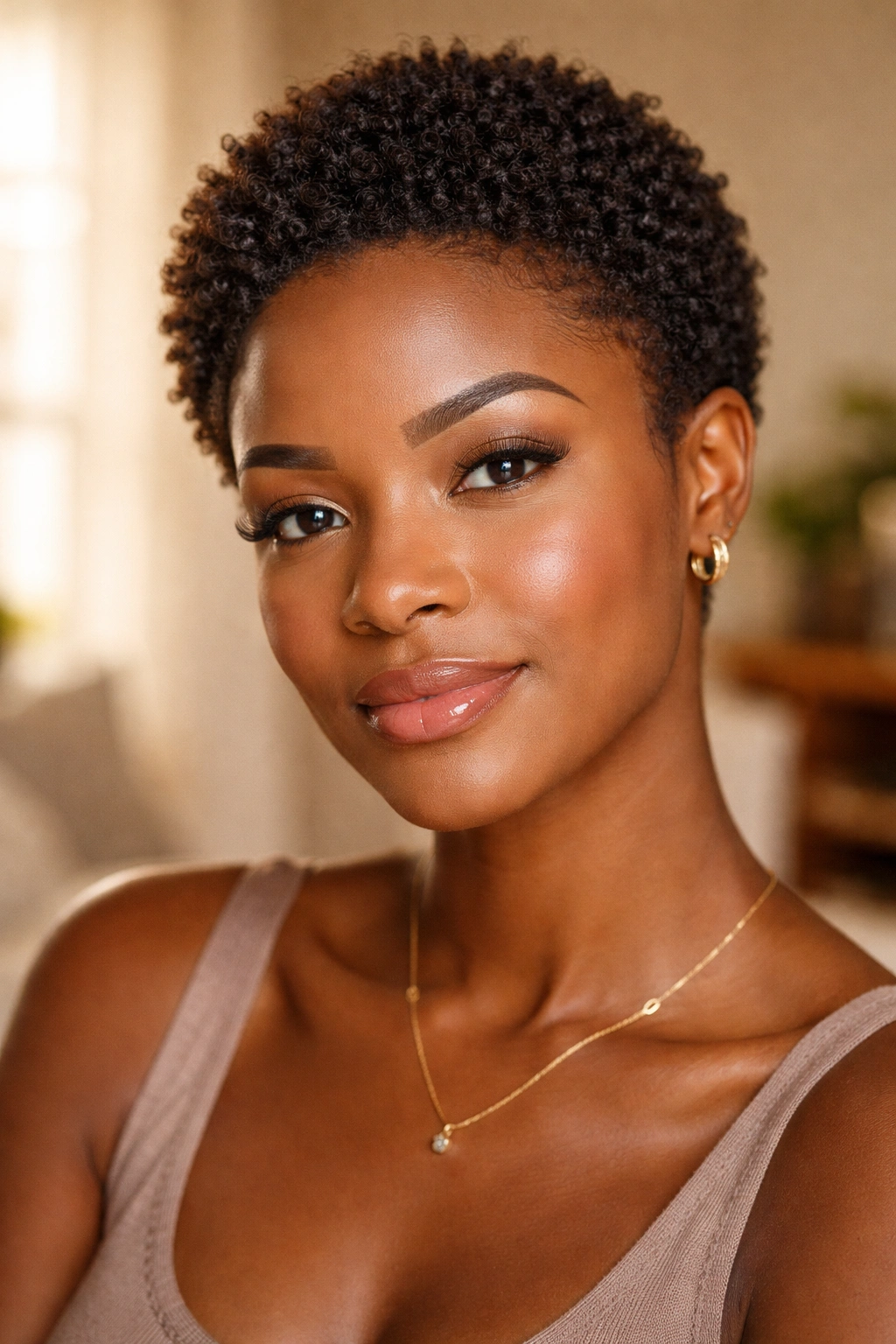 Close-up of a woman with a Teeny Weeny Afro (TWA)