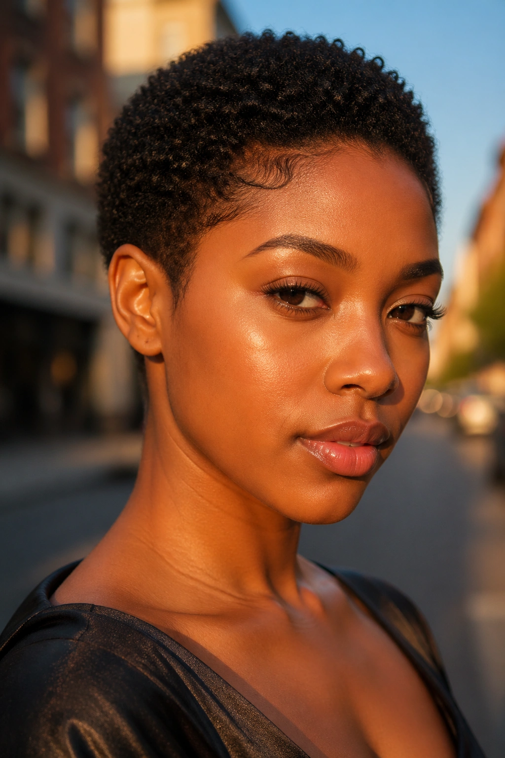 Close-up of a real woman with a TWA and clean edges