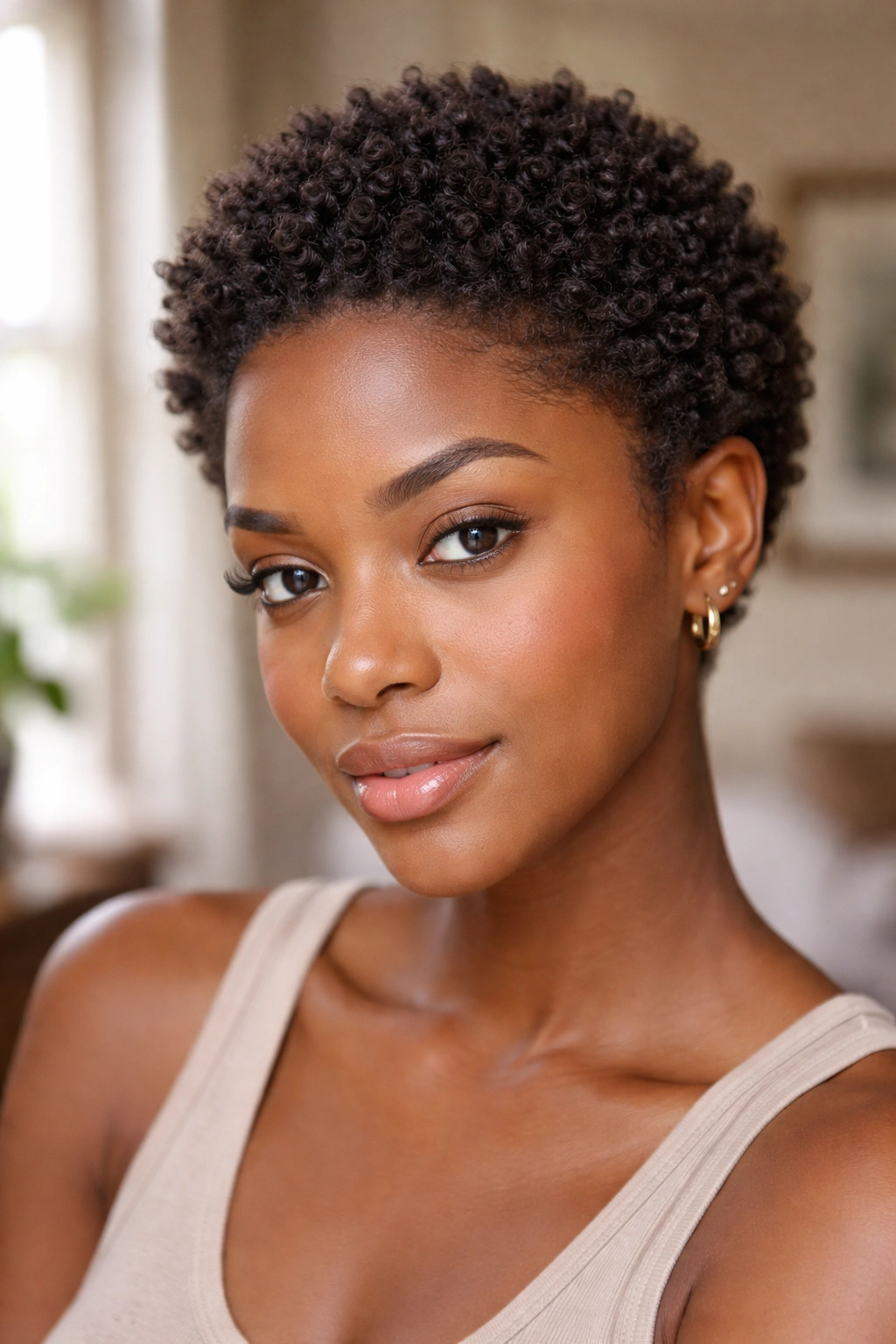 Close-up of a real person with a classic sponge curl TWA