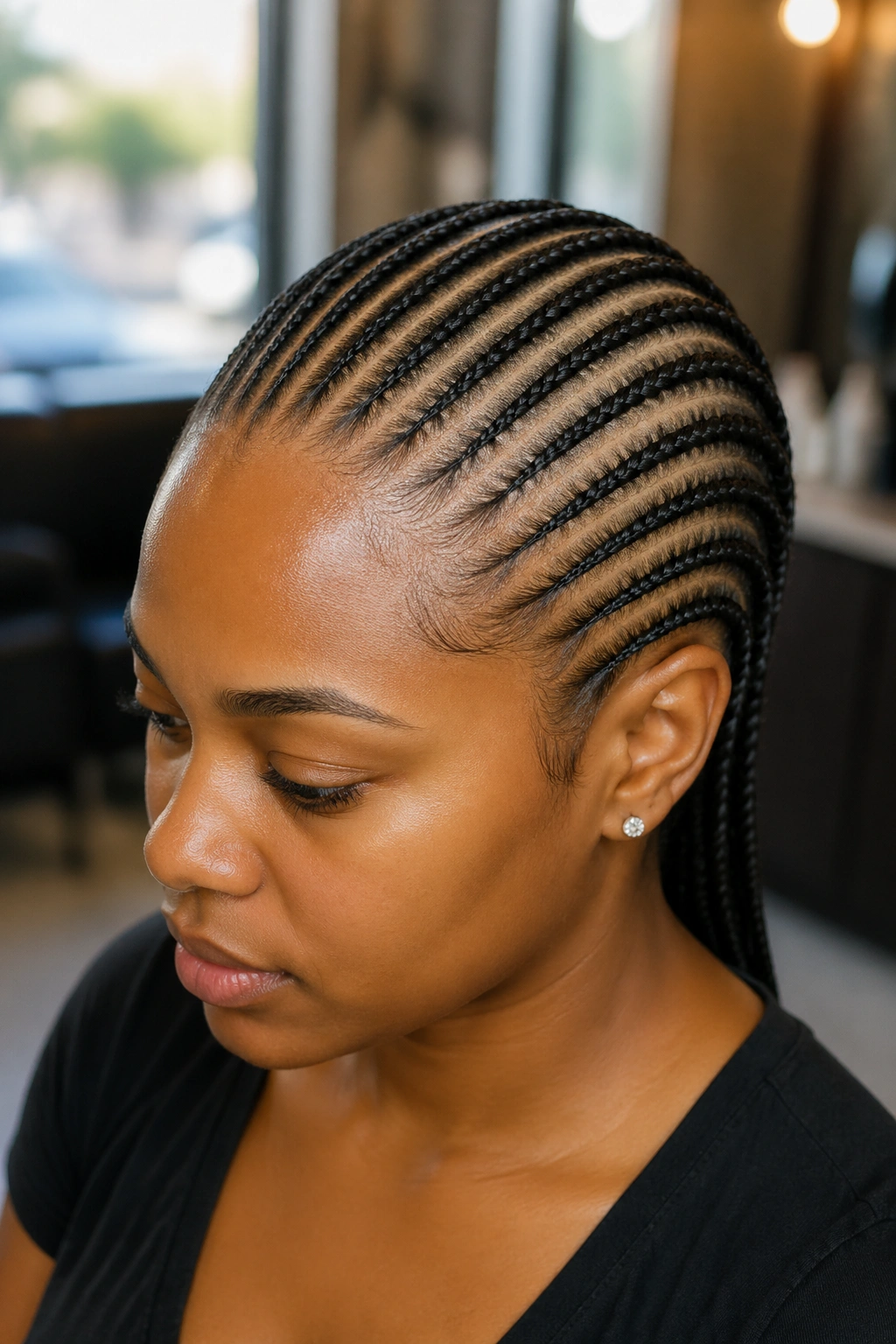 Close-up portrait of a real woman with twelve micro straight-back cornrows under warm salon light