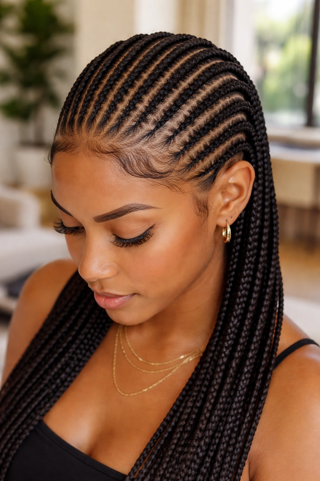Real woman with twelve stitch cornrow rows across the scalp.