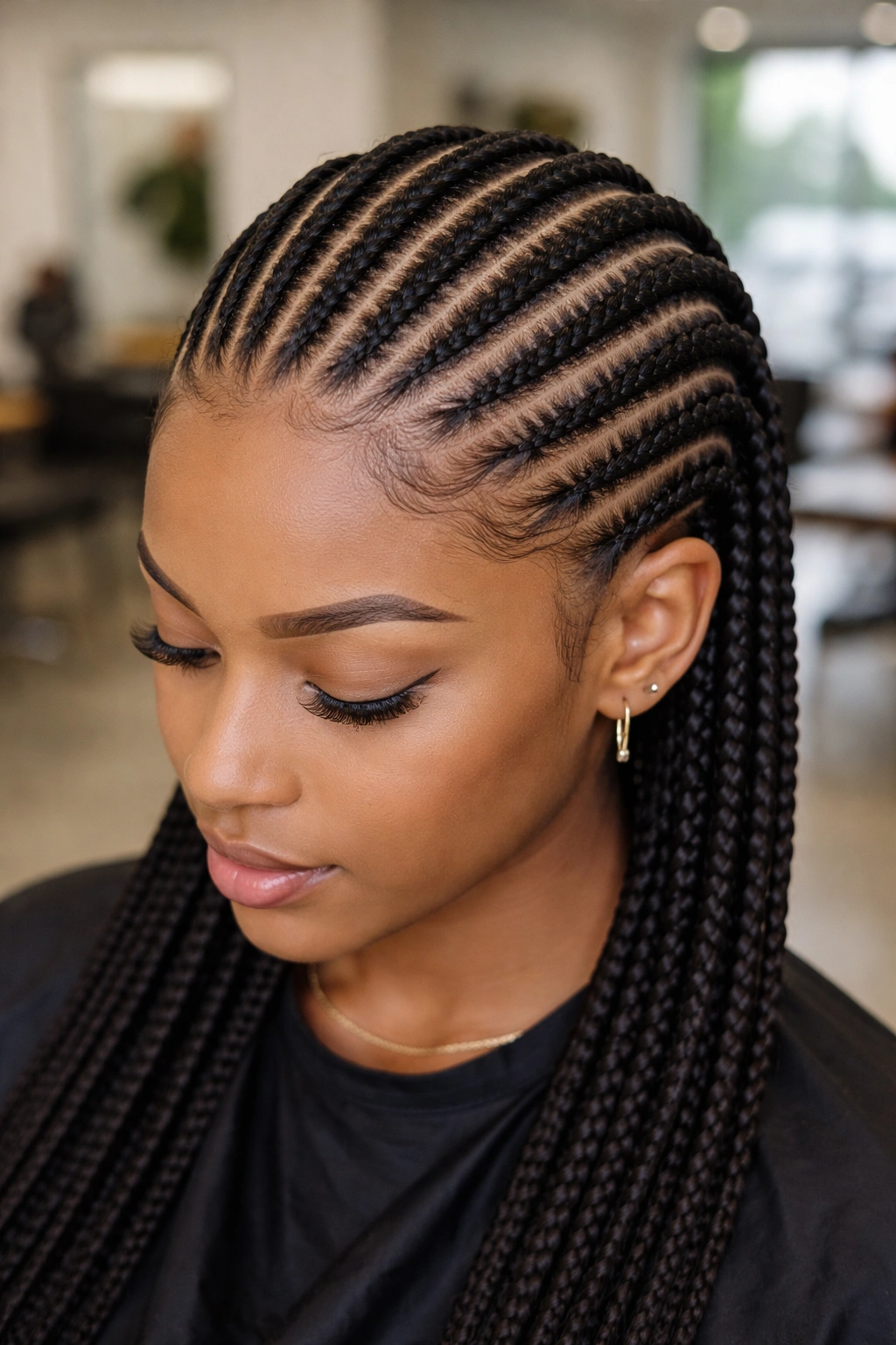 Close-up of real person with twelve slim cornrows and sharp parts