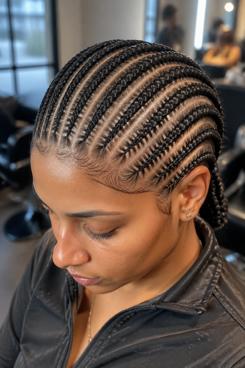 Close-up of a person with twenty thick cornrows from hairline to nape