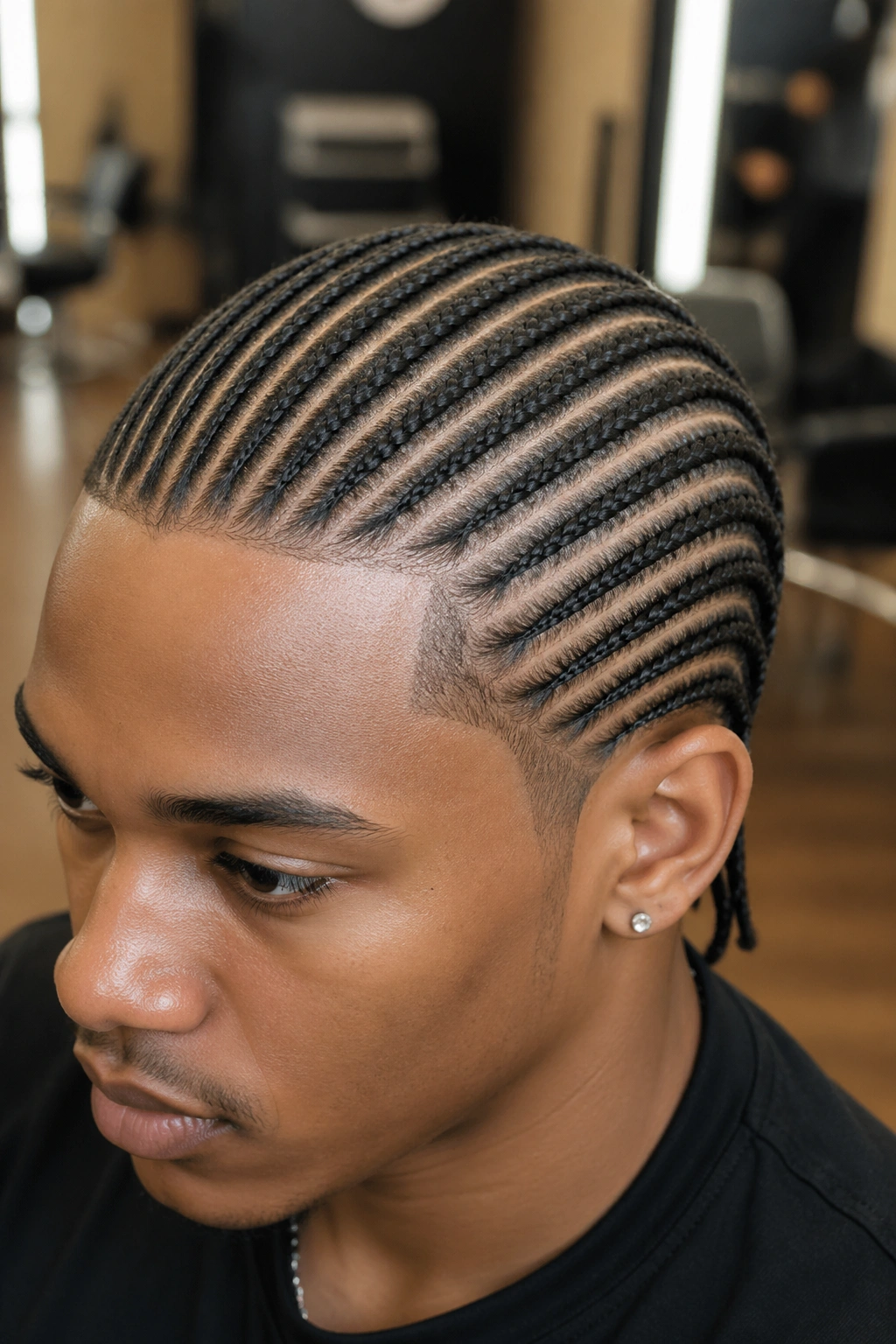 Real person with twenty even straight-back cornrows