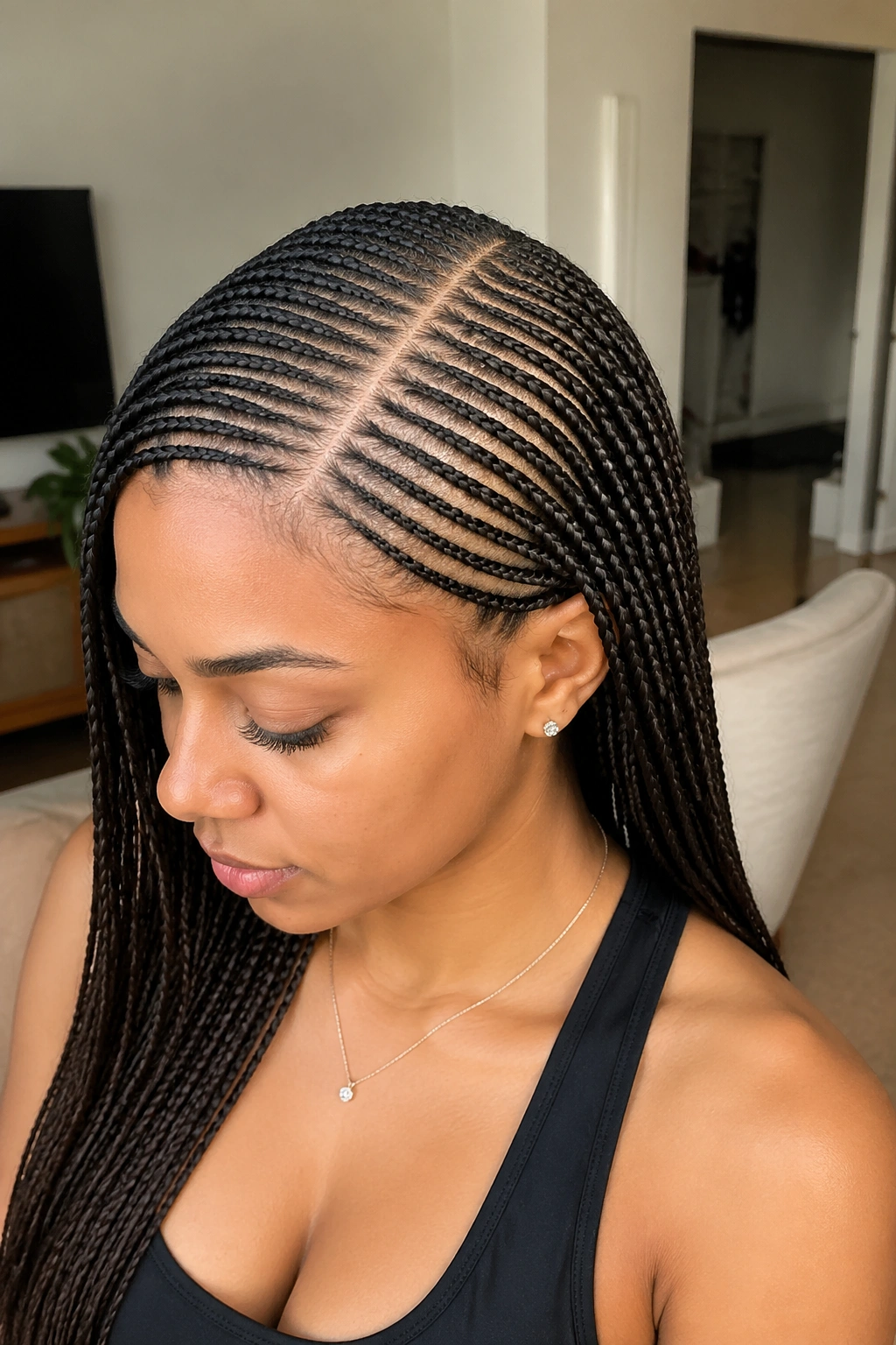 Close-up of a real woman with a deep side part and twenty thin cornrows.