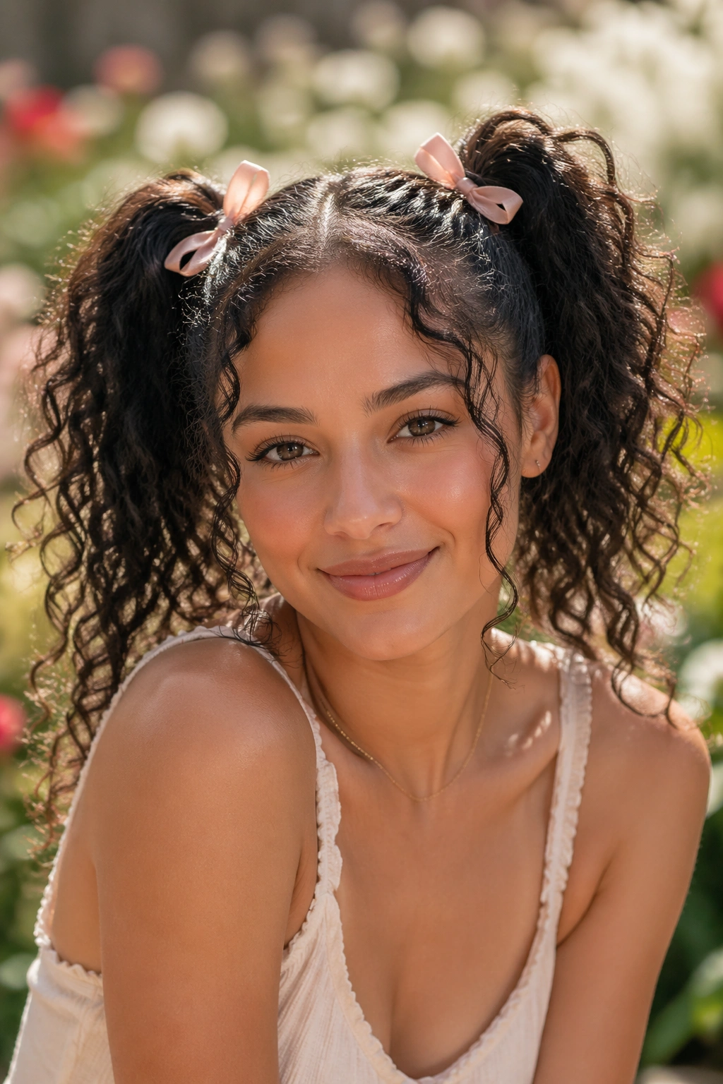 Close-up of a woman with twin ponytails and matching bows