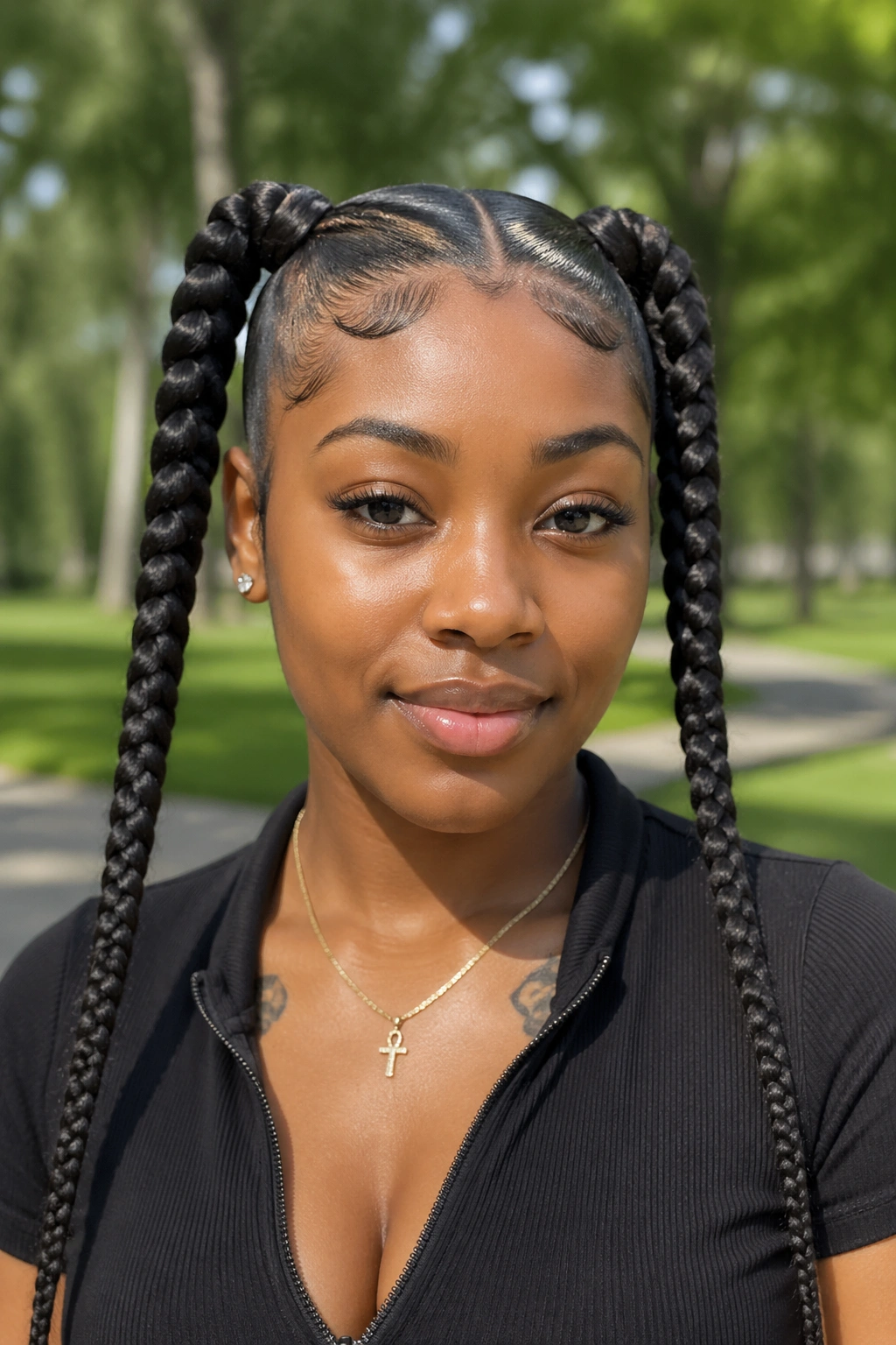 Real woman with twin braided ponytails on both sides