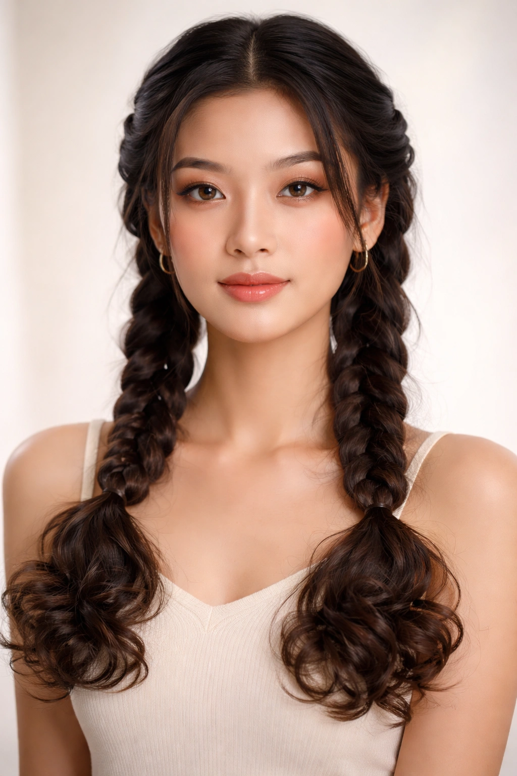Center-parted twin braids transitioning into curly ends