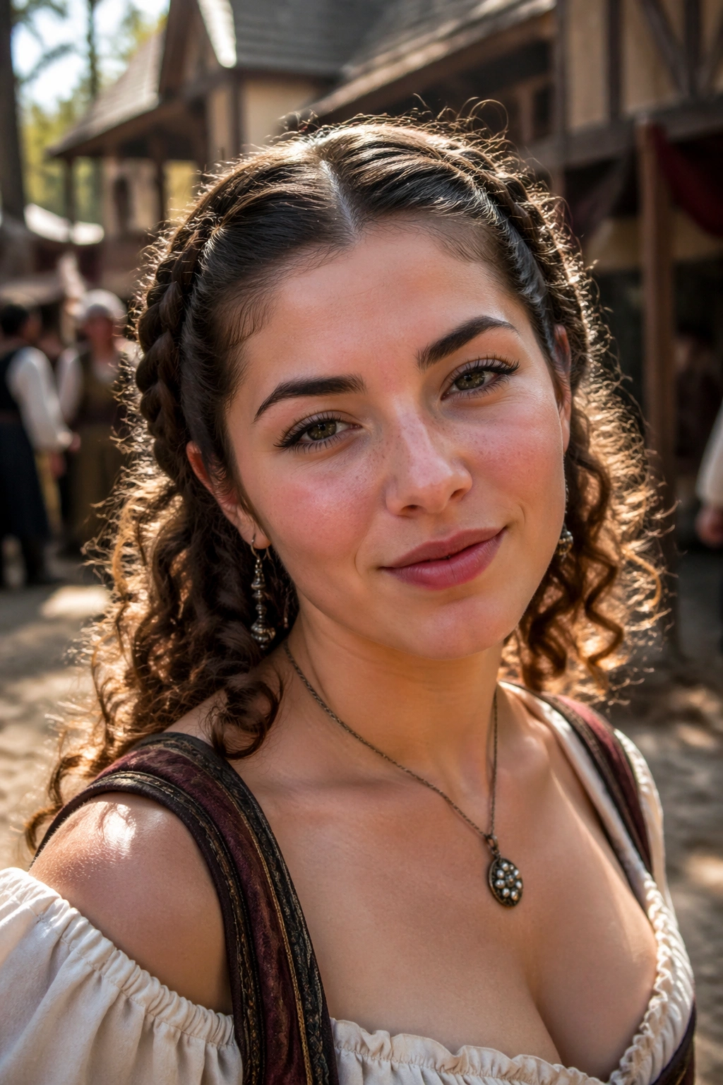 Close-up of a real woman with twin braids and loose curls